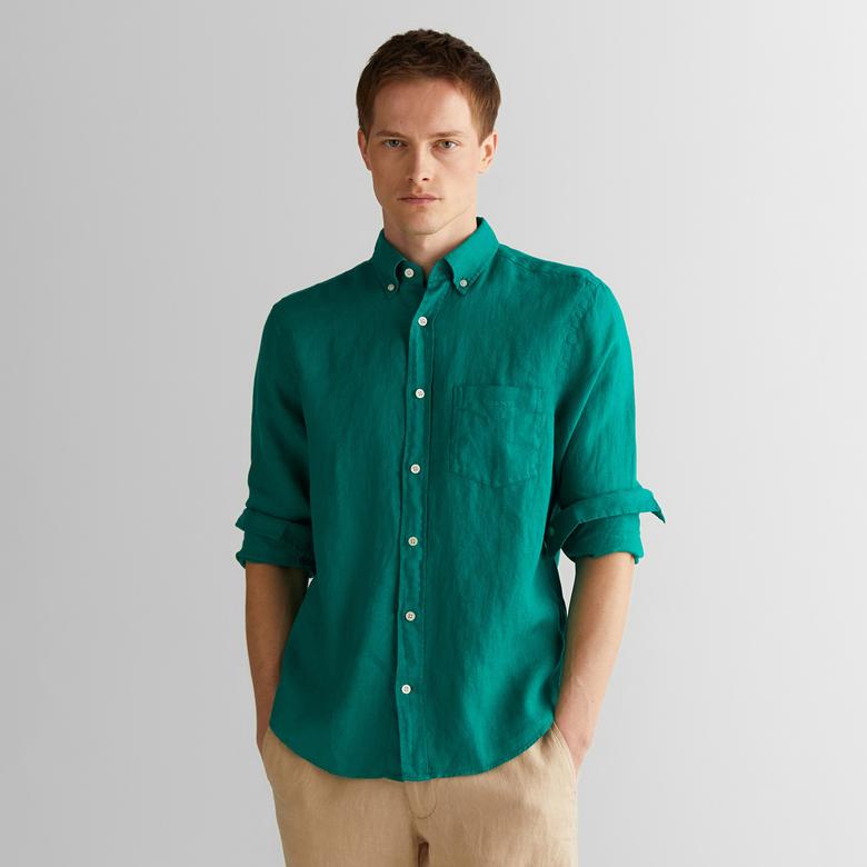 GANT Erkek Yeşil Regular Fit Düğmeli Yaka Keten Gömlek