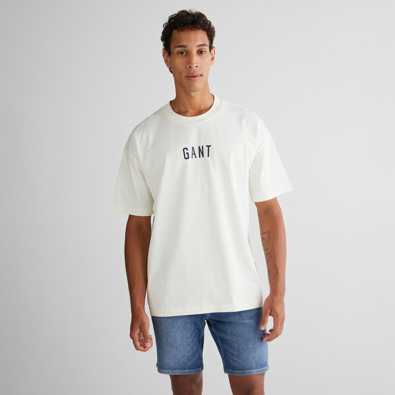 GANT Erkek Krem Relaxed Fit Bisiklet Yaka Logolu T-Shirt