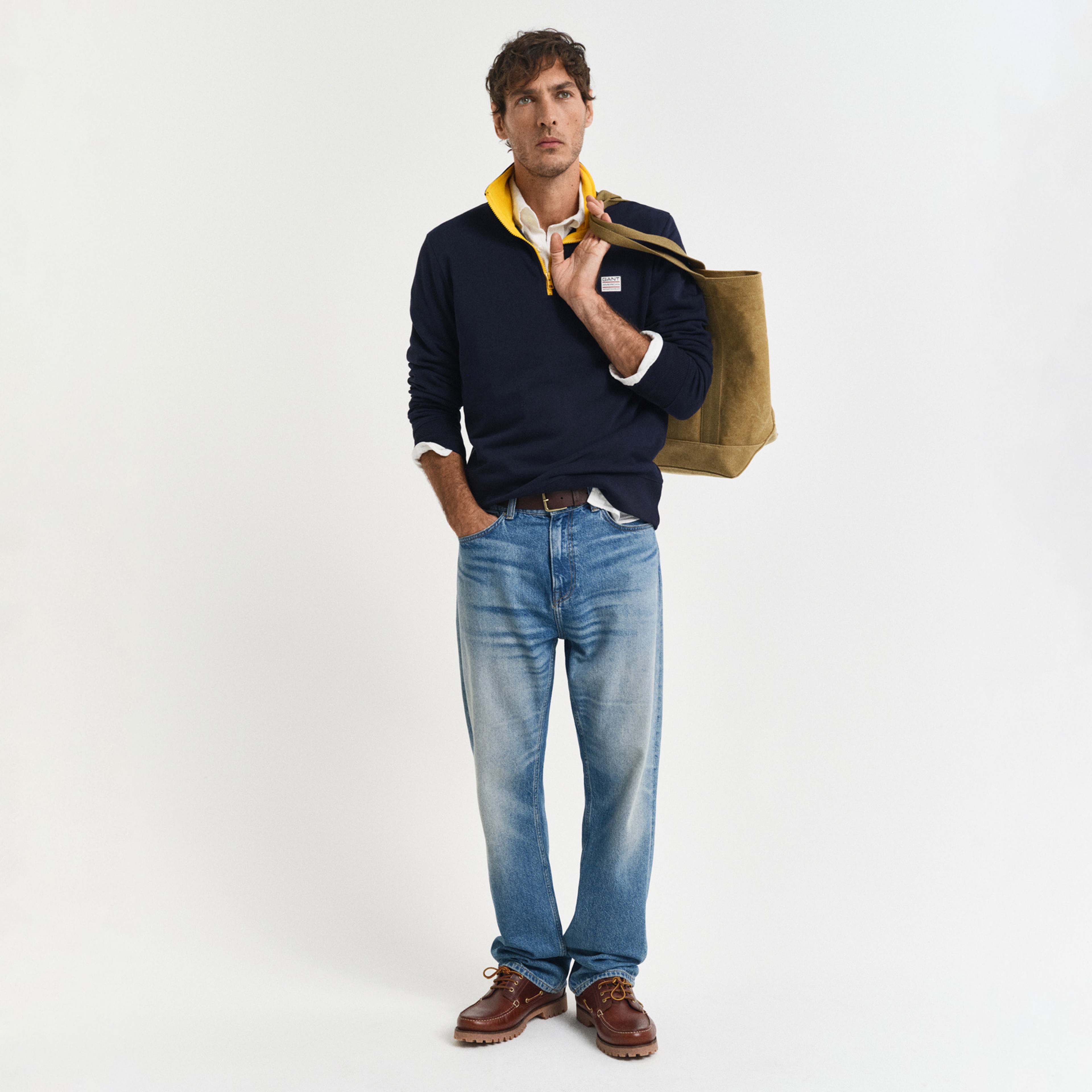 GANT Erkek Lacivert Regular Fit Yarım Fermuarlı Logolu Sweatshirt