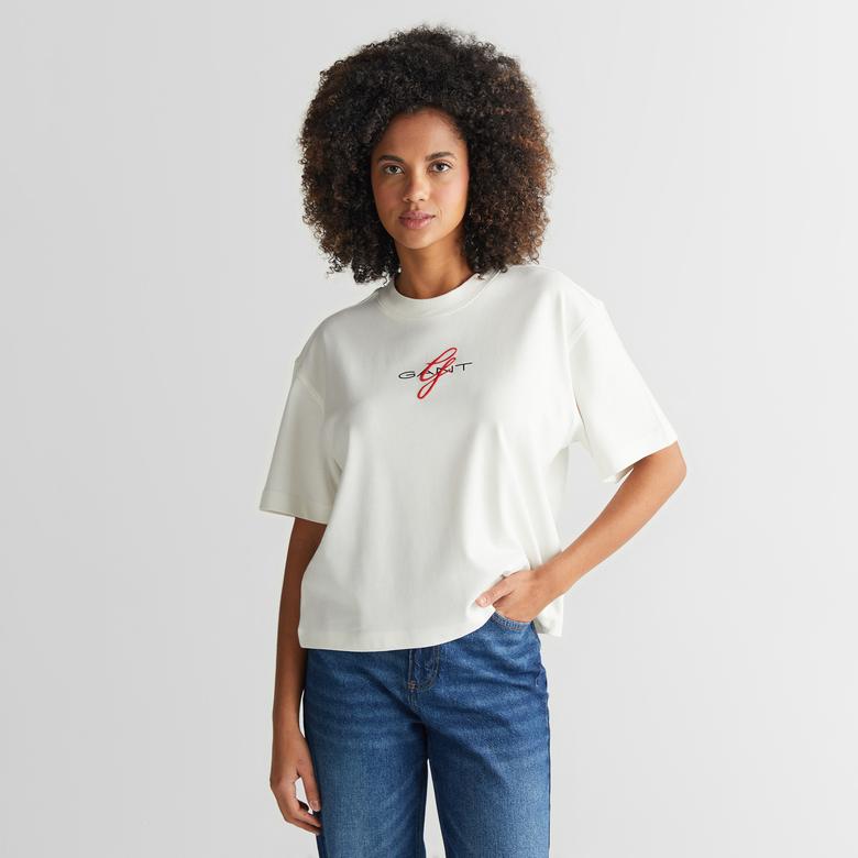 GANT Kadın Krem Bisiklet Yaka Logolu T-Shirt