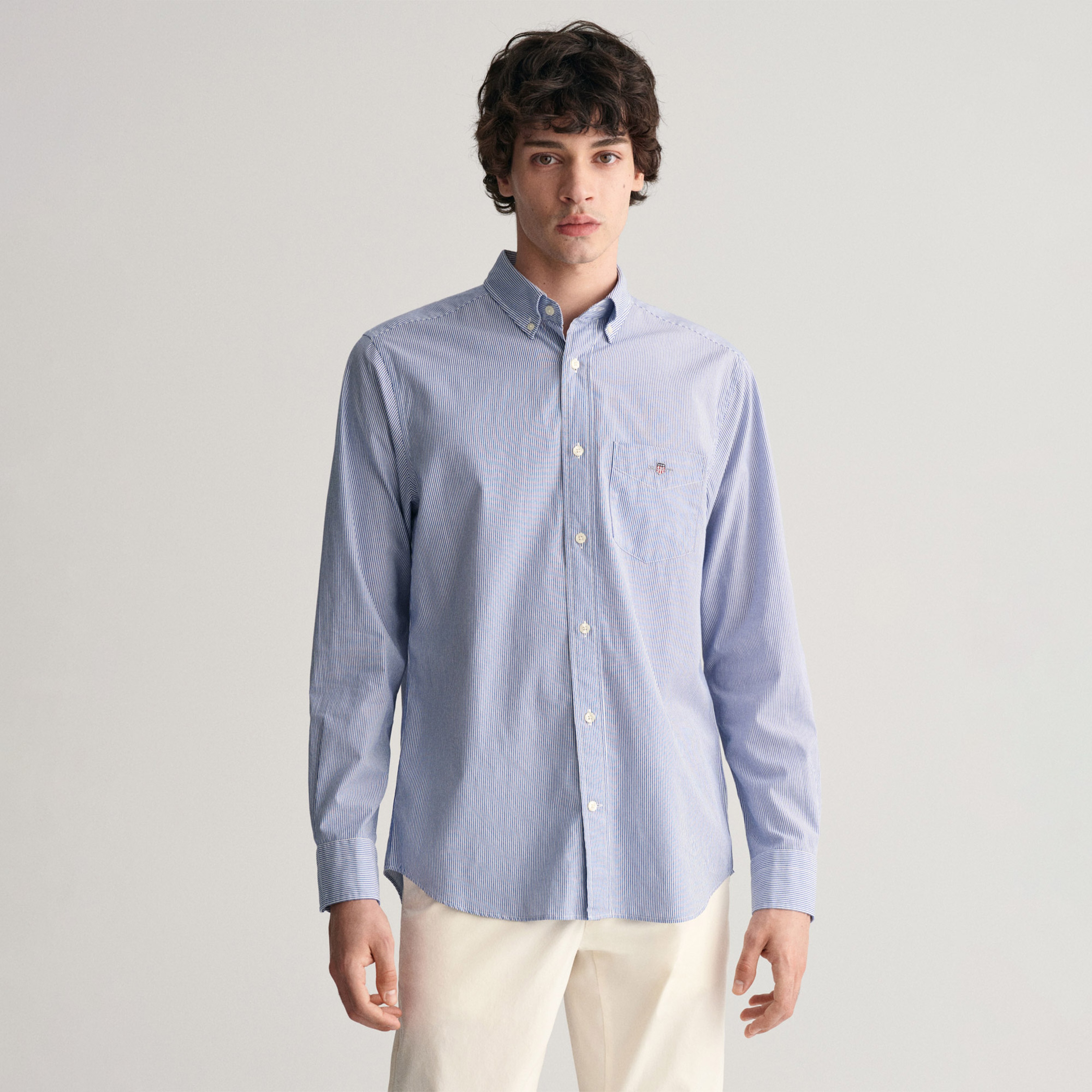 GANT Erkek Mavi Regular Fit Çizgili Düğmeli Yaka Gömlek