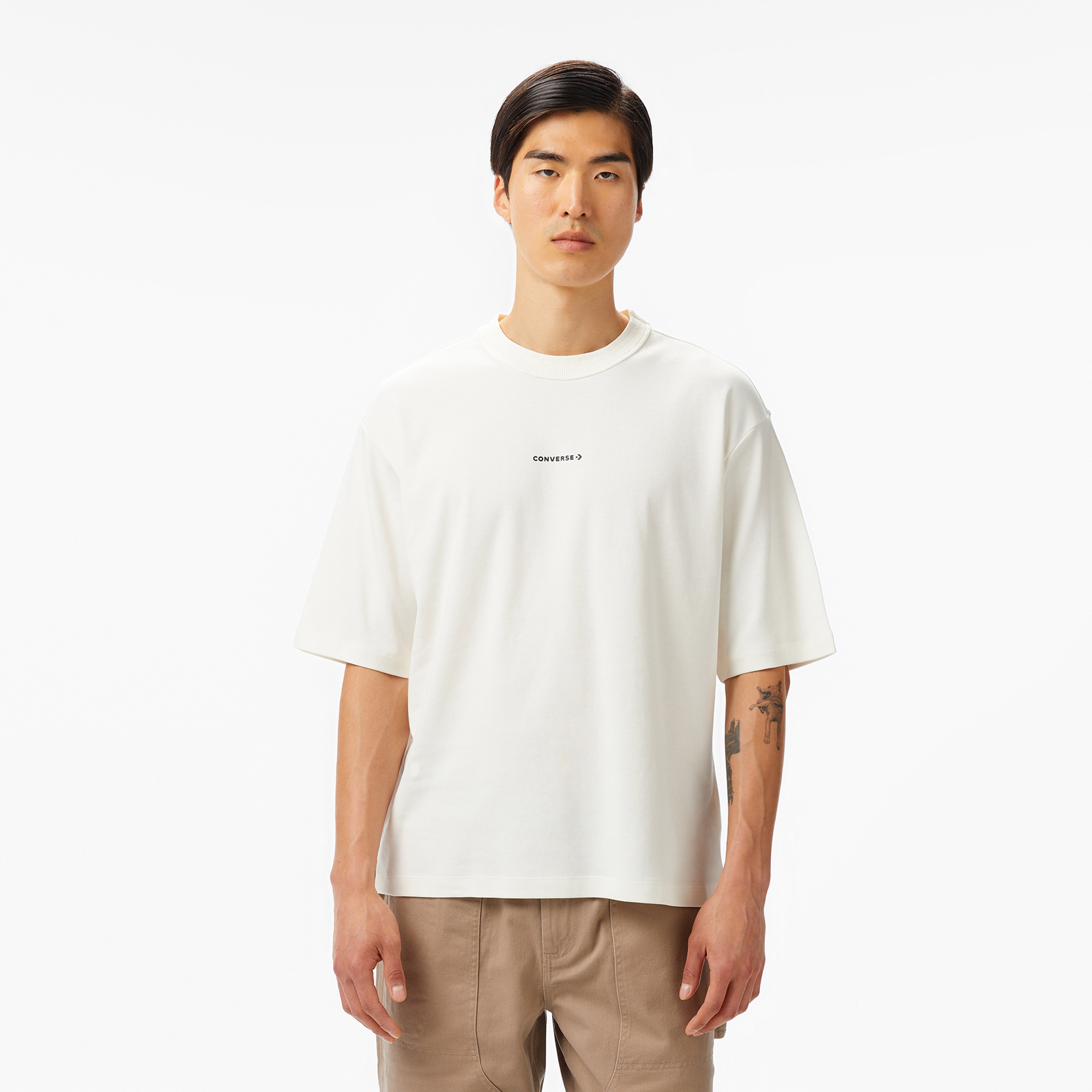 Converse Star Chevron Baskılı Oversize Fit Erkek Krem T-Shirt