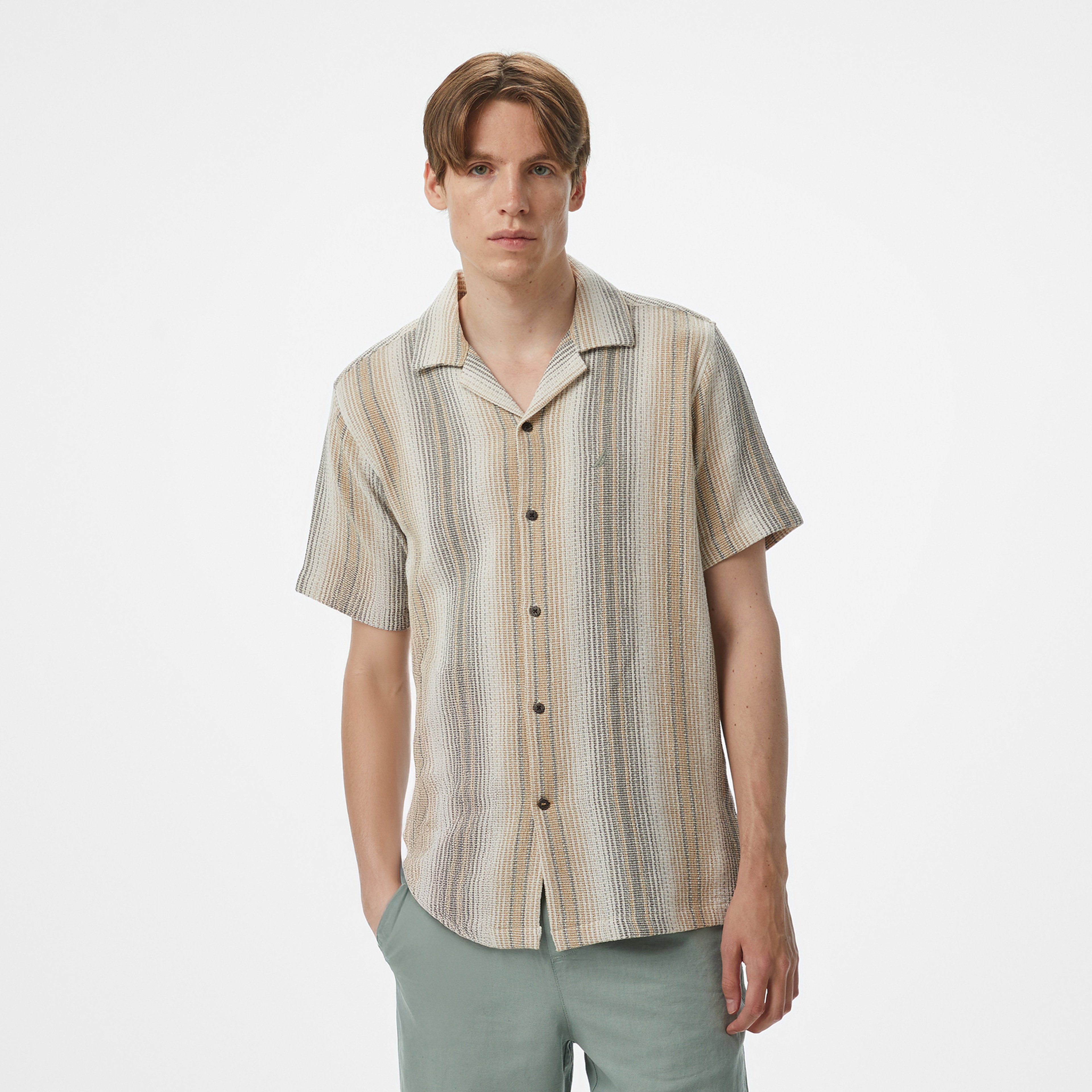 Nautica Erkek Bej Kısa Kollu Çizgili Gömlek