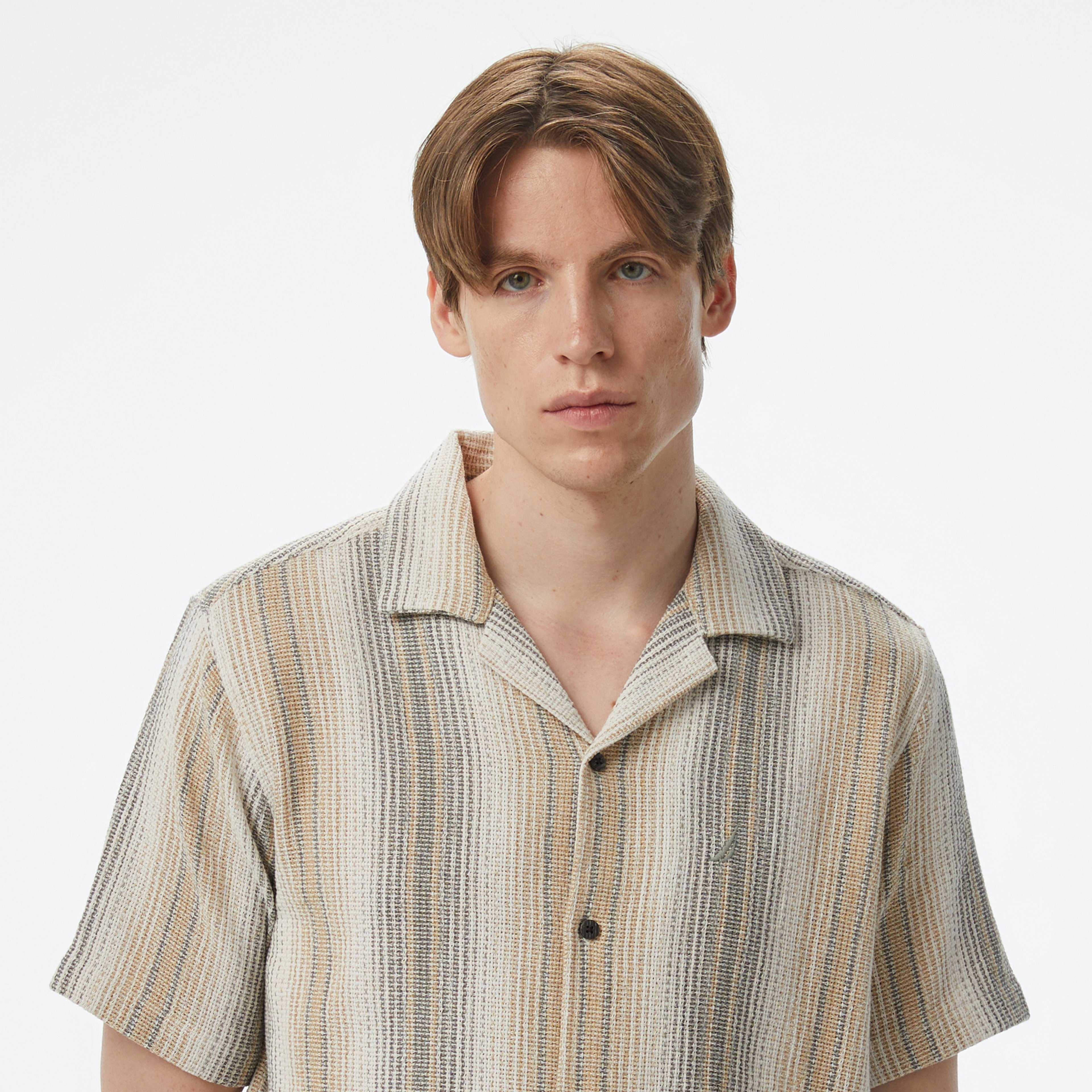 Nautica Erkek Bej Kısa Kollu Çizgili Gömlek