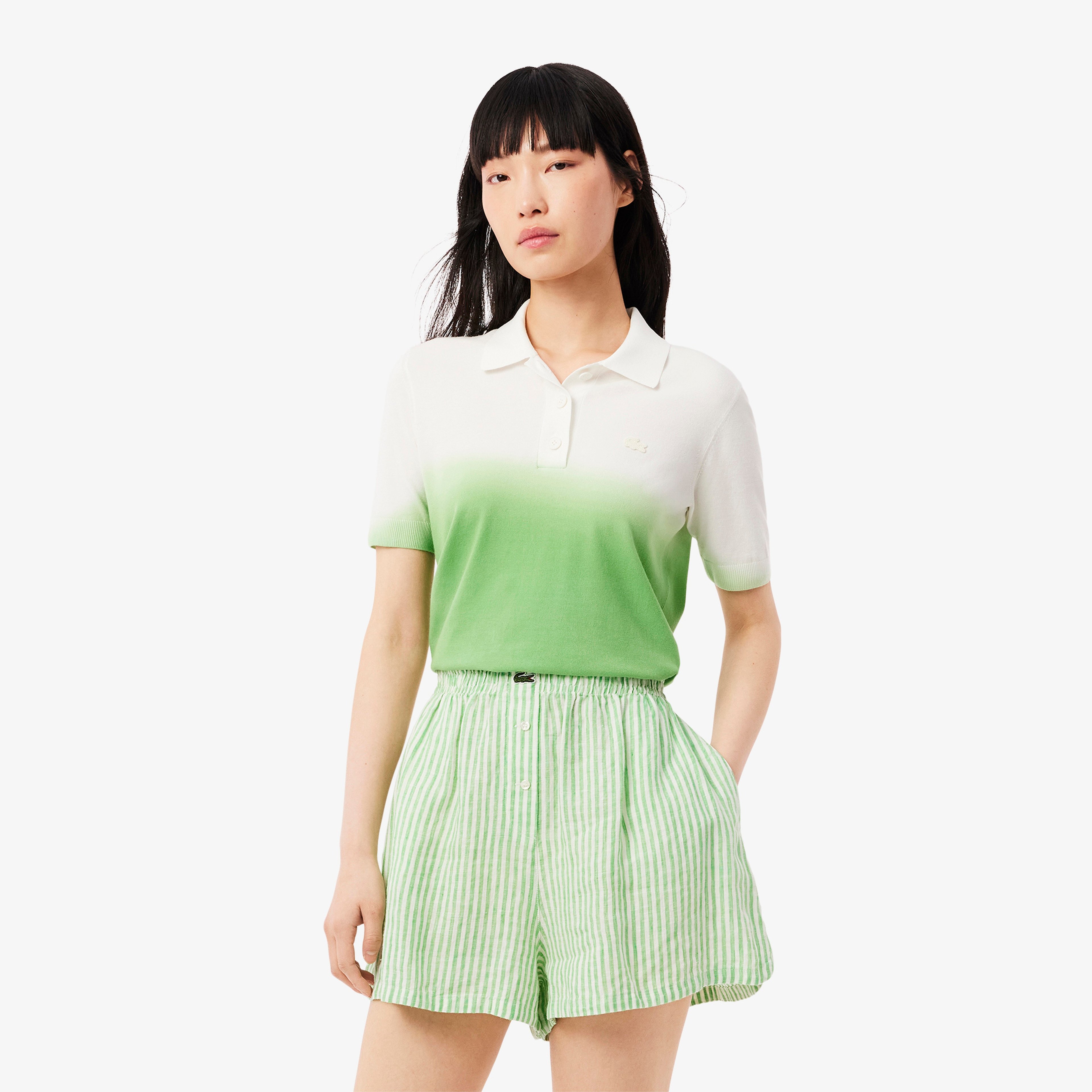 Kadın Classic Fit Kısa Kollu Polo Yaka Renk Bloklu Yeşil Triko