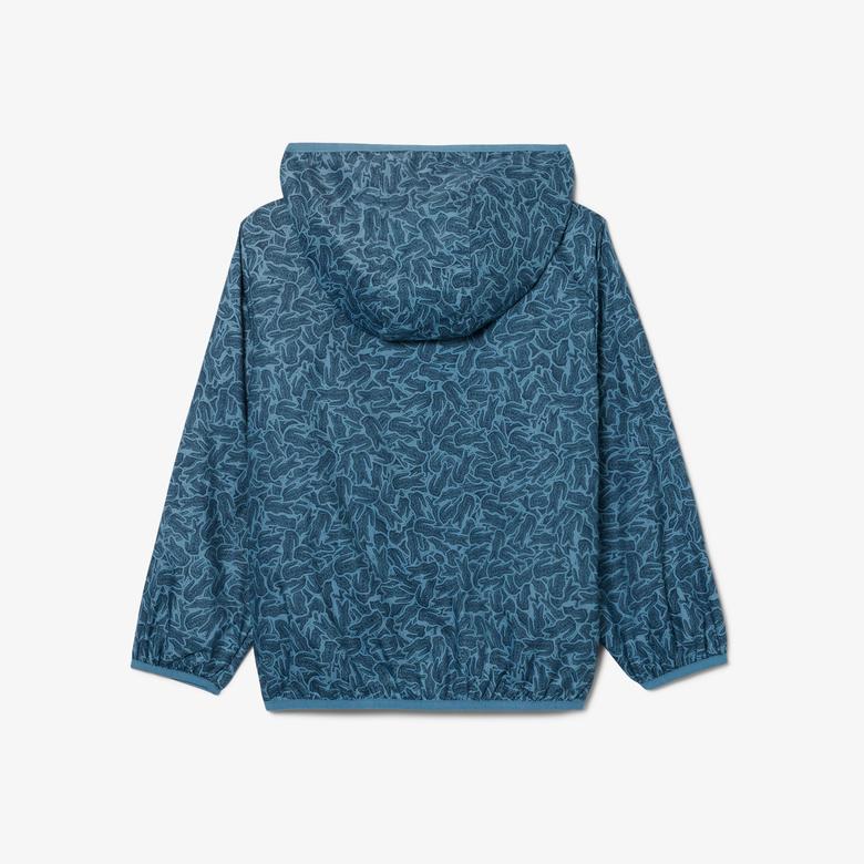 Çocuk Kapüşonlu Baskılı Mavi Ceket