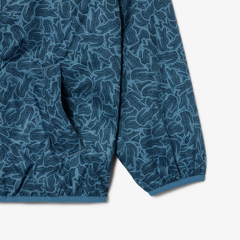 Çocuk Kapüşonlu Baskılı Mavi Ceket