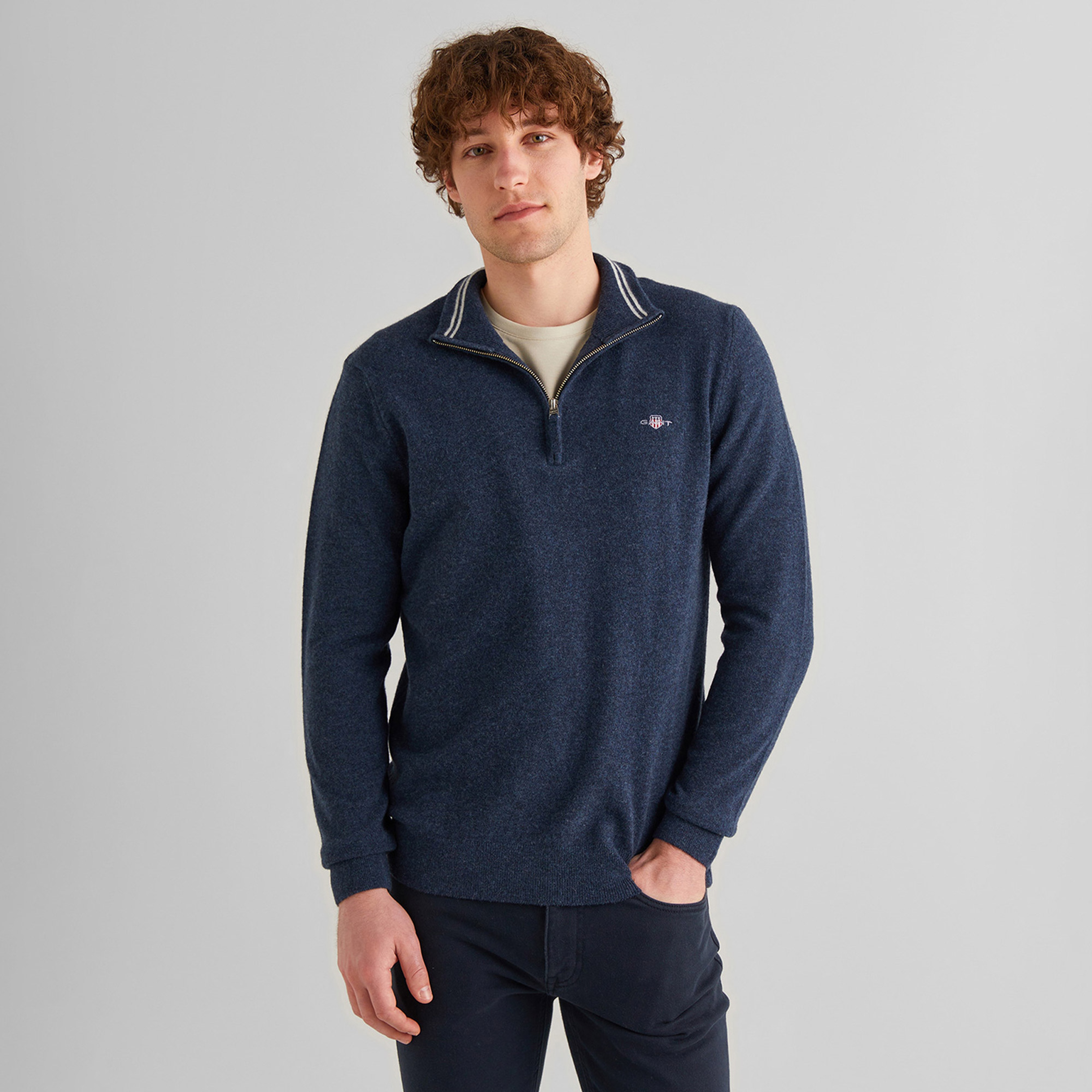 GANT Erkek Lacivert Regular Fit Yarım Fermuarlı Yün Kazak