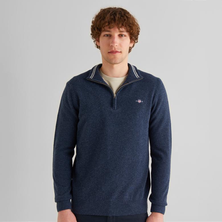 GANT Erkek Lacivert Regular Fit Yarım Fermuarlı Yün Kazak