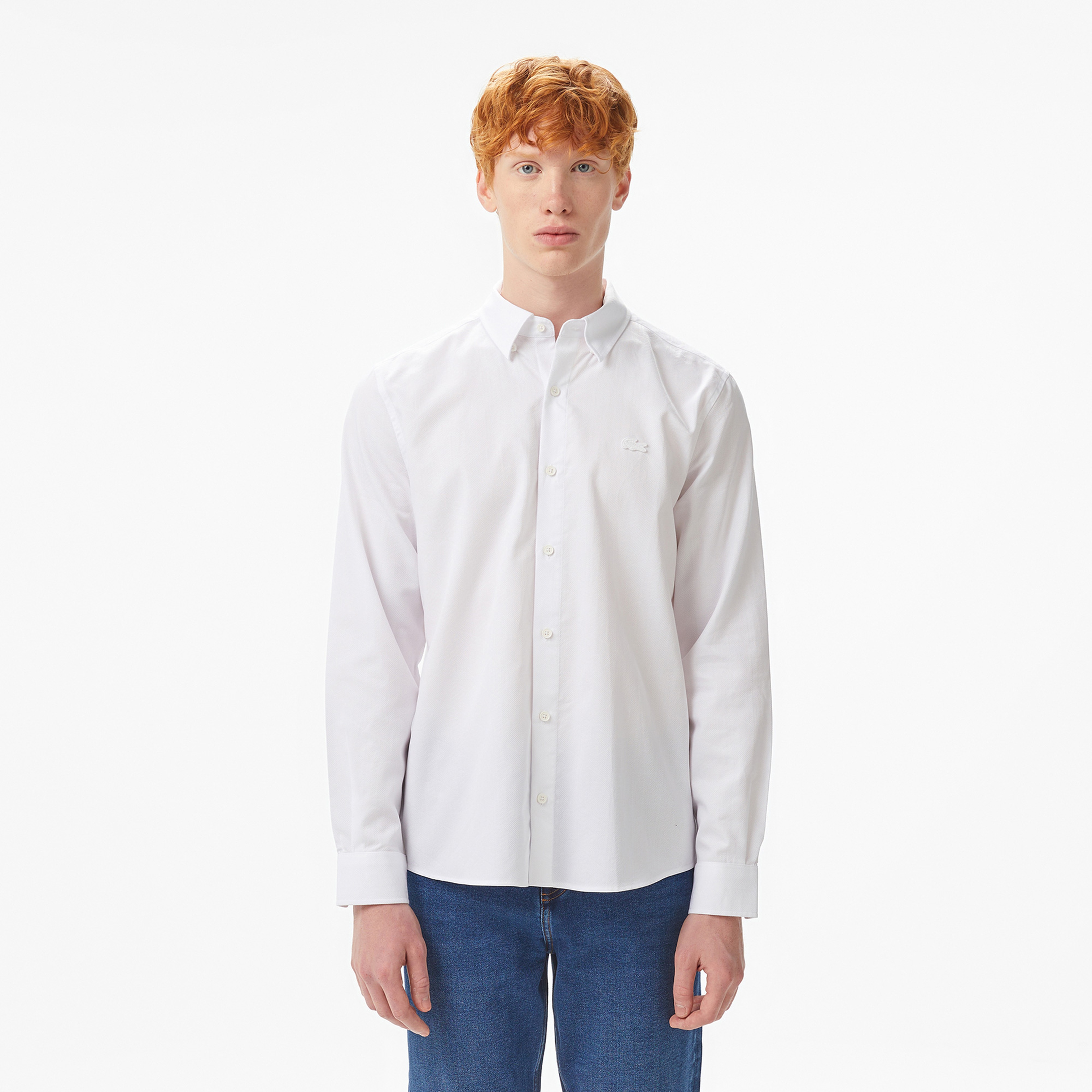 Erkek Slim Fit Düğmeli Yaka Beyaz Gömlek