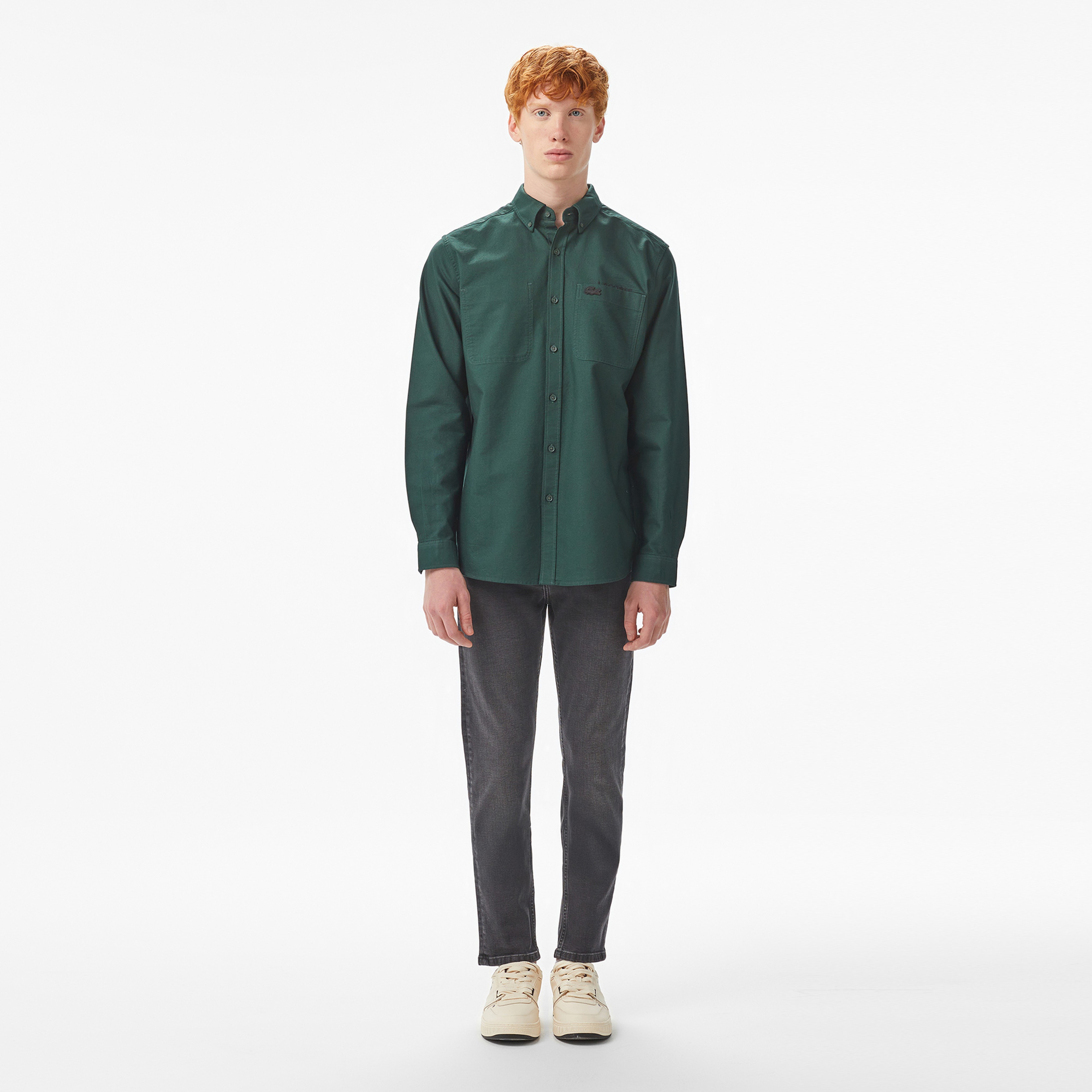Erkek Regular Fit Düğmeli Yaka Yeşil Gömlek