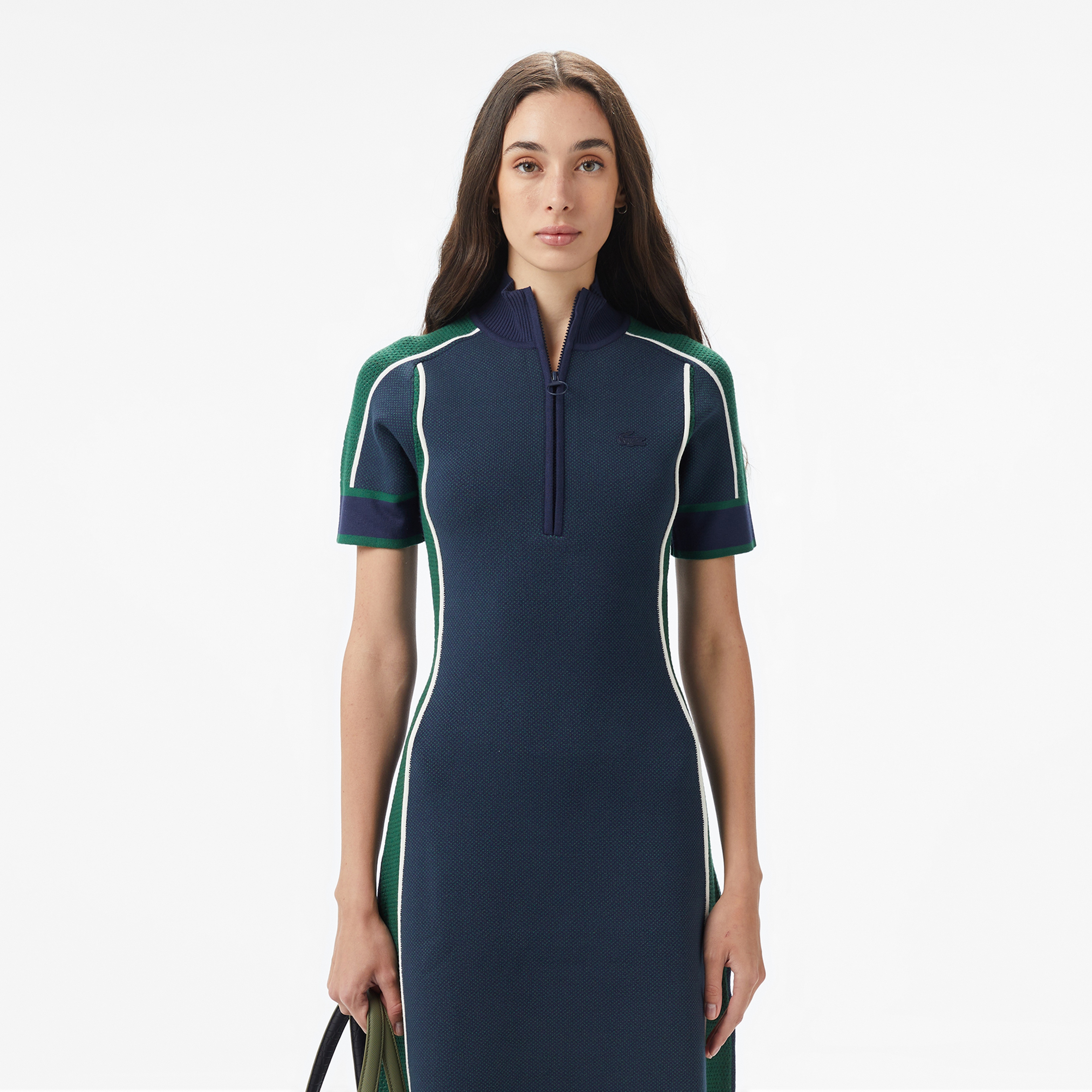 Kadın Classic Fit Kısa Kollu Yarım Fermuarlı Renk Bloklu Lacivert Elbise