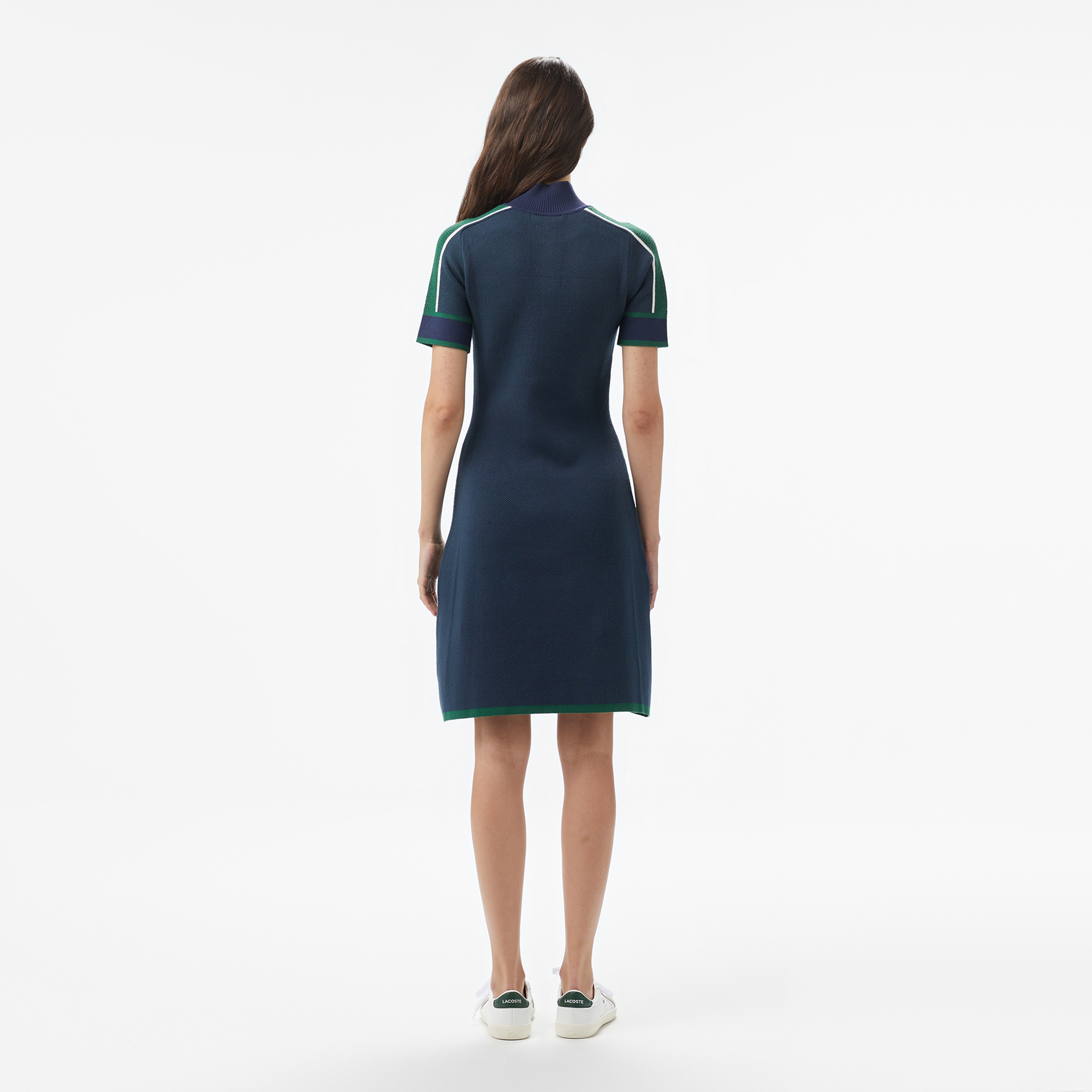 Kadın Classic Fit Kısa Kollu Yarım Fermuarlı Renk Bloklu Lacivert Elbise