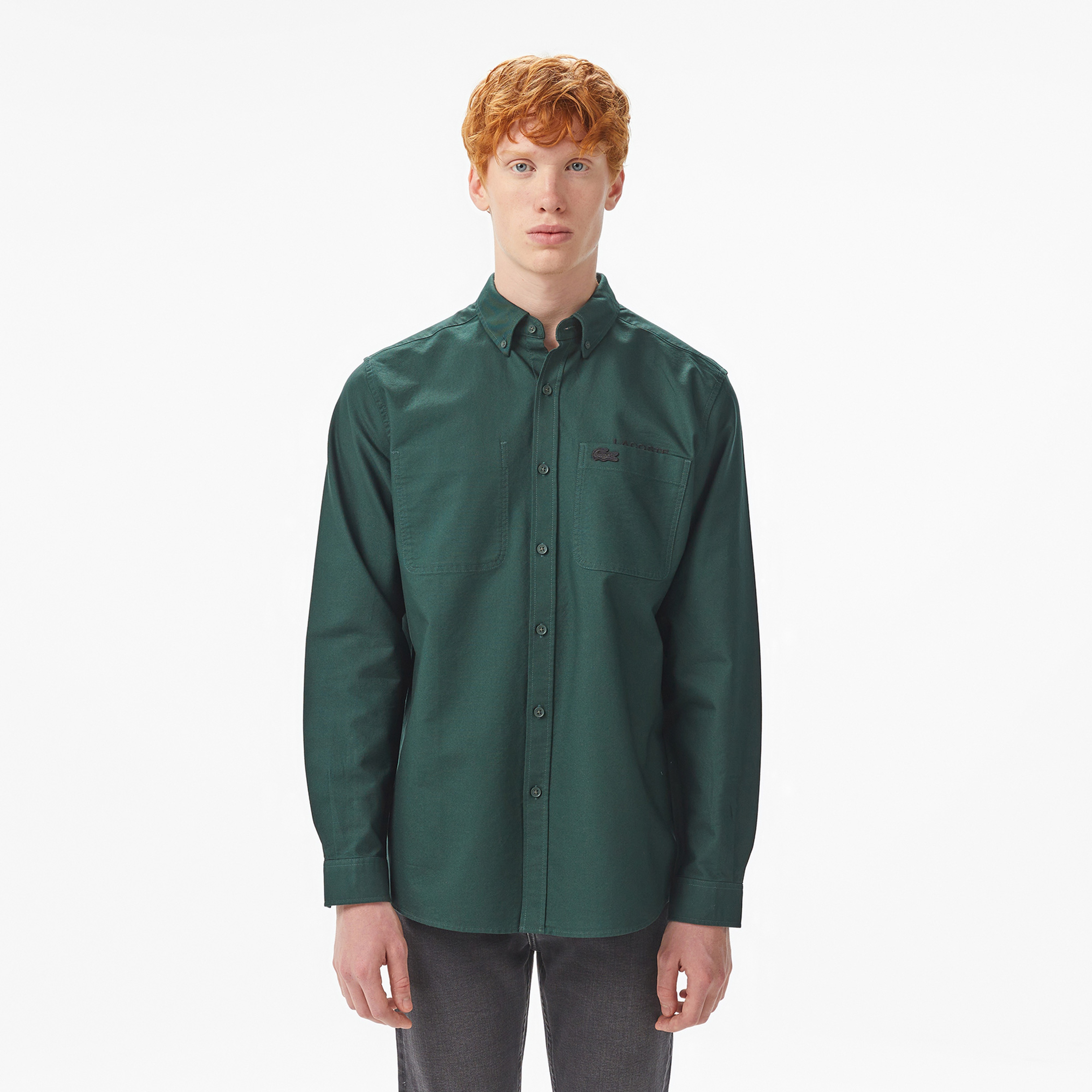 Erkek Regular Fit Düğmeli Yaka Yeşil Gömlek