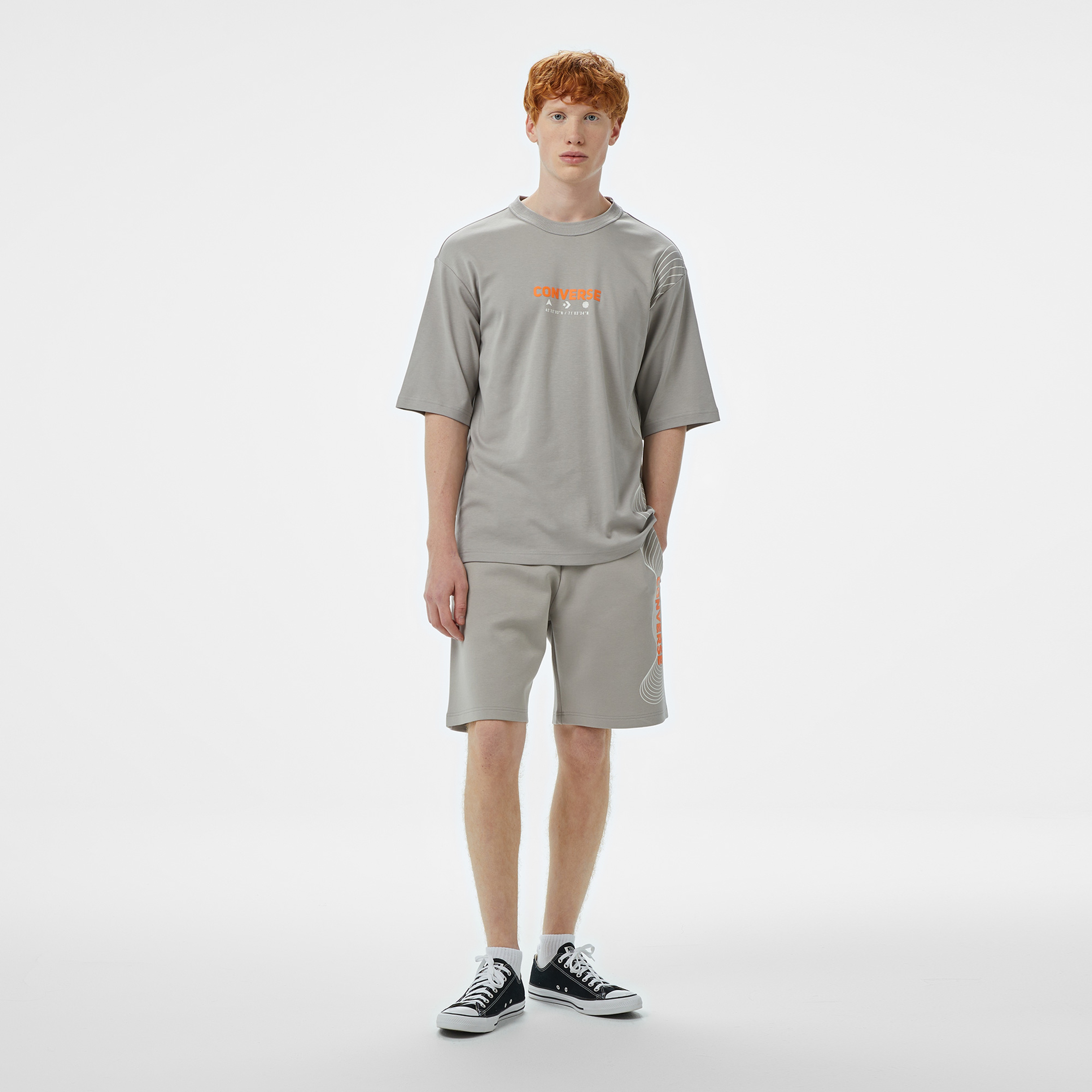 Converse Baskılı Erkek Oversize Fit Gri Şort