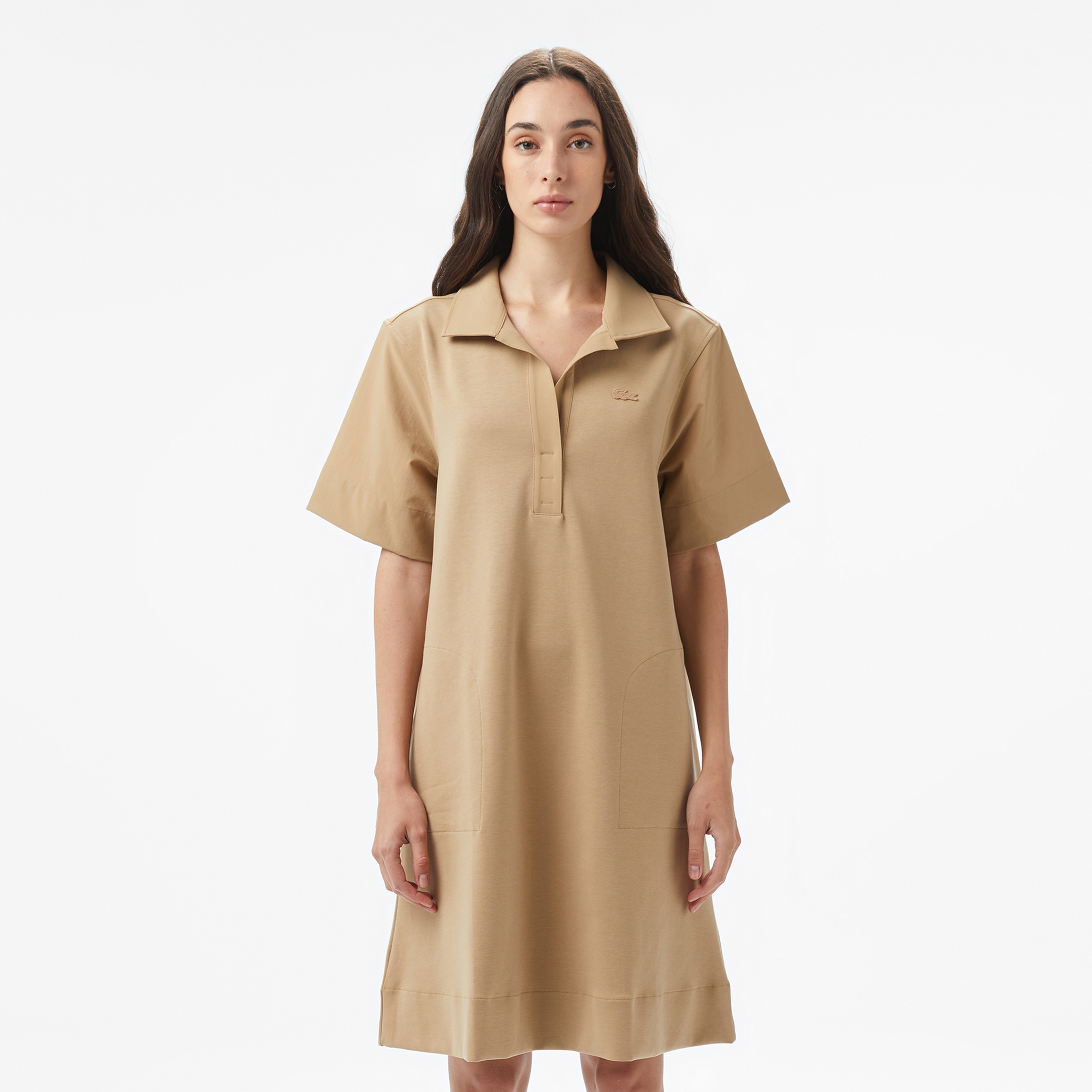 Kadın Relaxed Fit Kısa Kollu Polo Yaka Bej Elbise