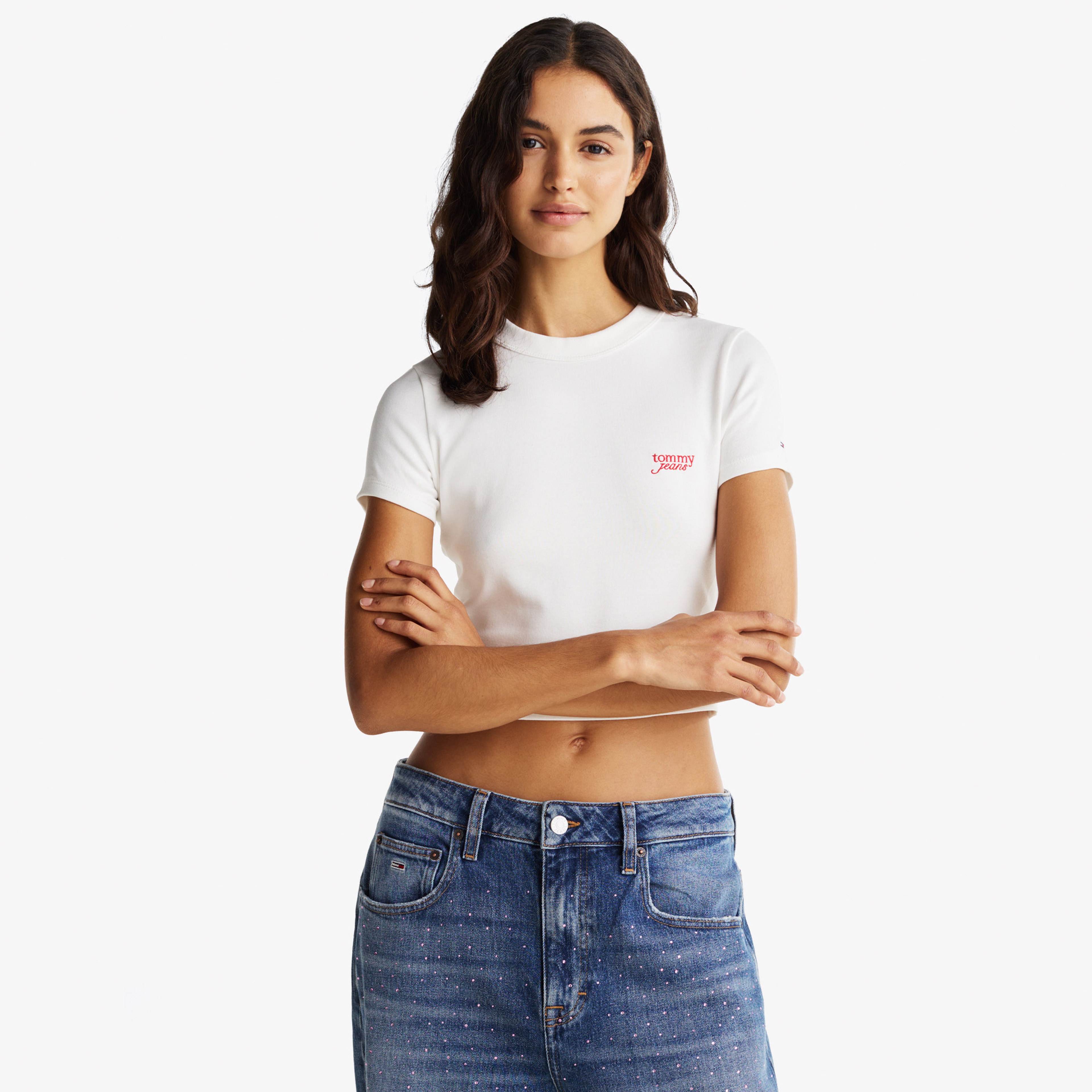Tommy Jeans Slim Cropped Script Kadın Beyaz T-Shirt