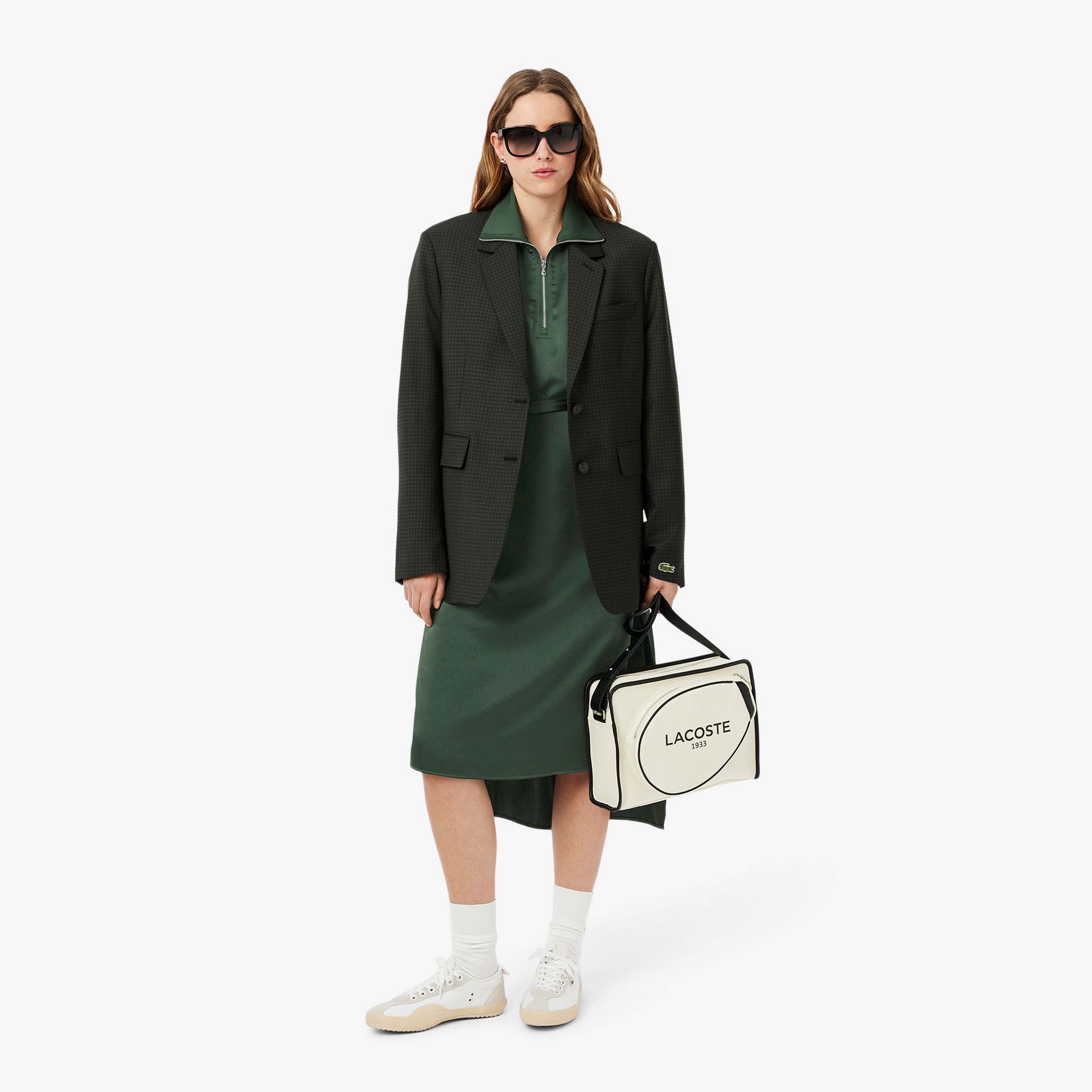 Kadın Relaxed Fit Uzun Kollu Yarım Fermuarlı Koyu Yeşil Elbise