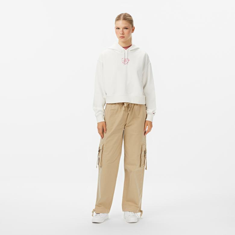 Tommy Jeans Crop Heart Slim Kadın Beyaz Sweatshirt