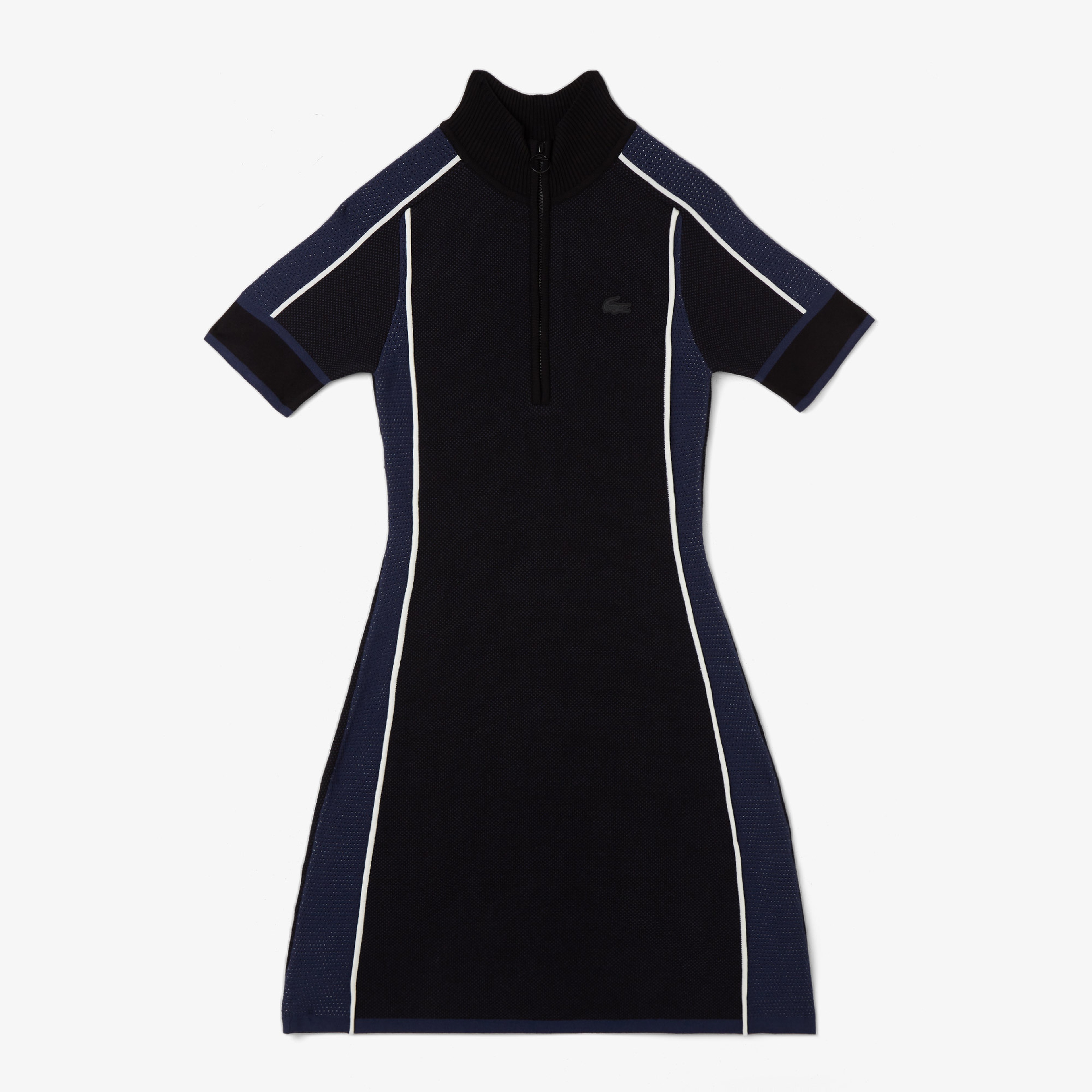 Kadın Classic Fit Kısa Kollu Yarım Fermuarlı Renk Bloklu Siyah Elbise