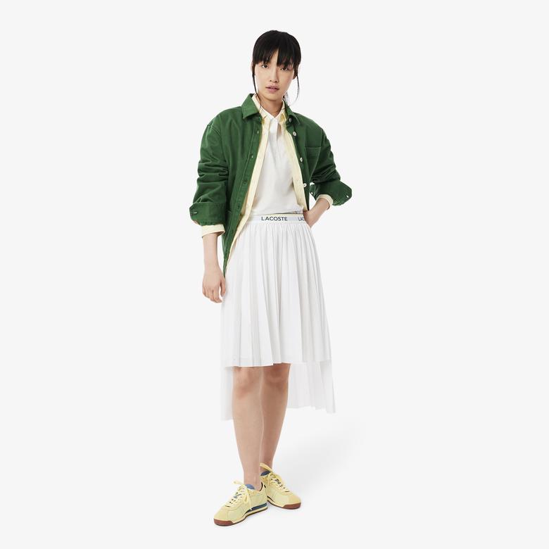 Kadın Flare Fit Pileli Beyaz Etek