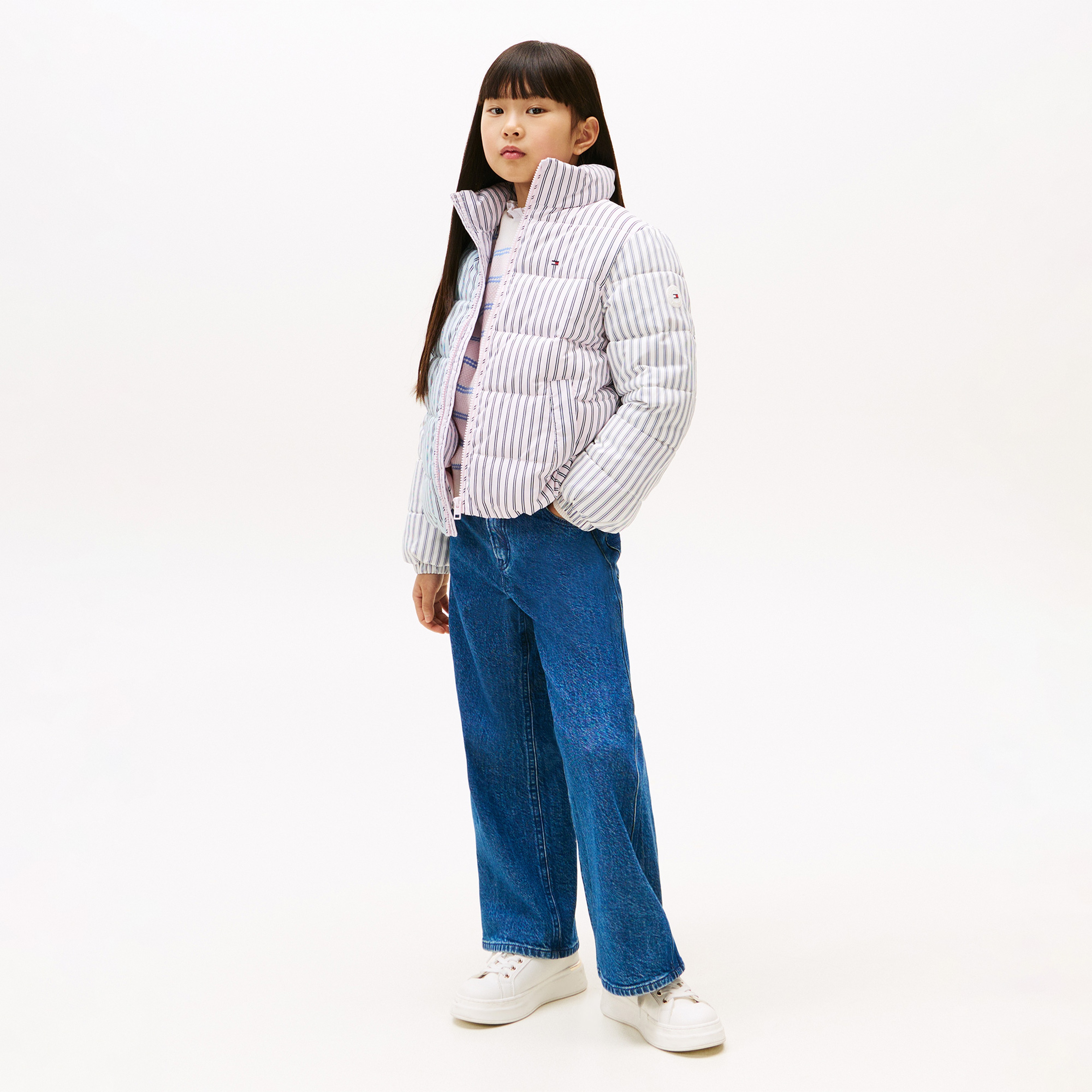 Tommy Hilfiger Mixed Stripe Puffer Çocuk Pembe Mont