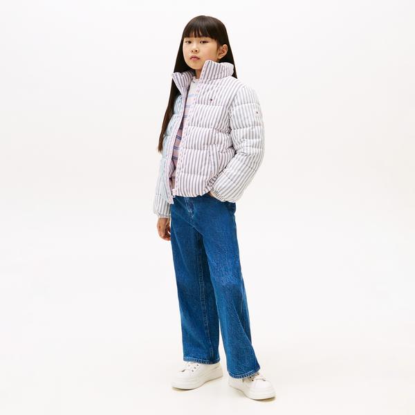 Tommy Hilfiger Mixed Stripe Puffer Çocuk Pembe Mont