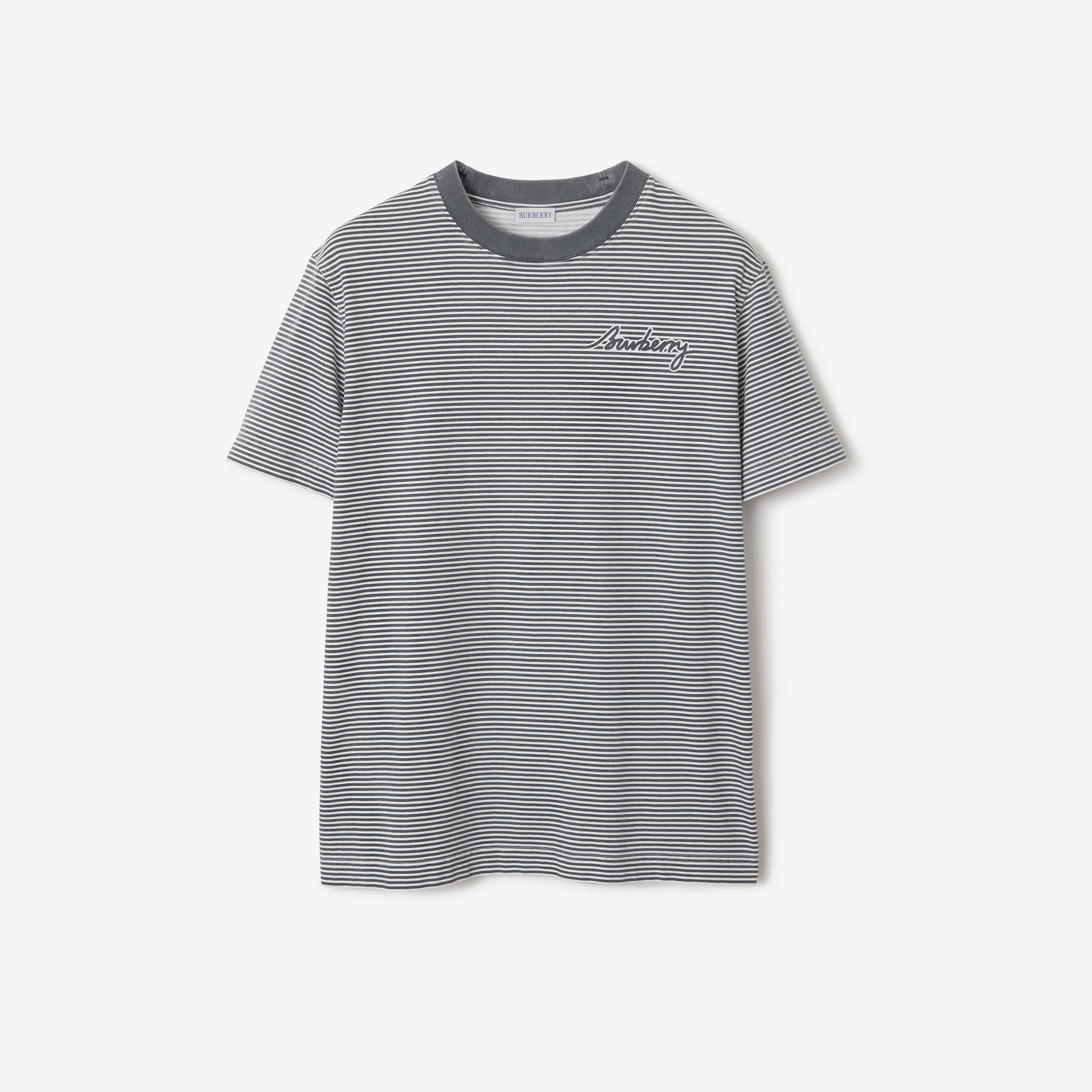 Burberry For Striped Cotton Erkek Gri T-Shirt