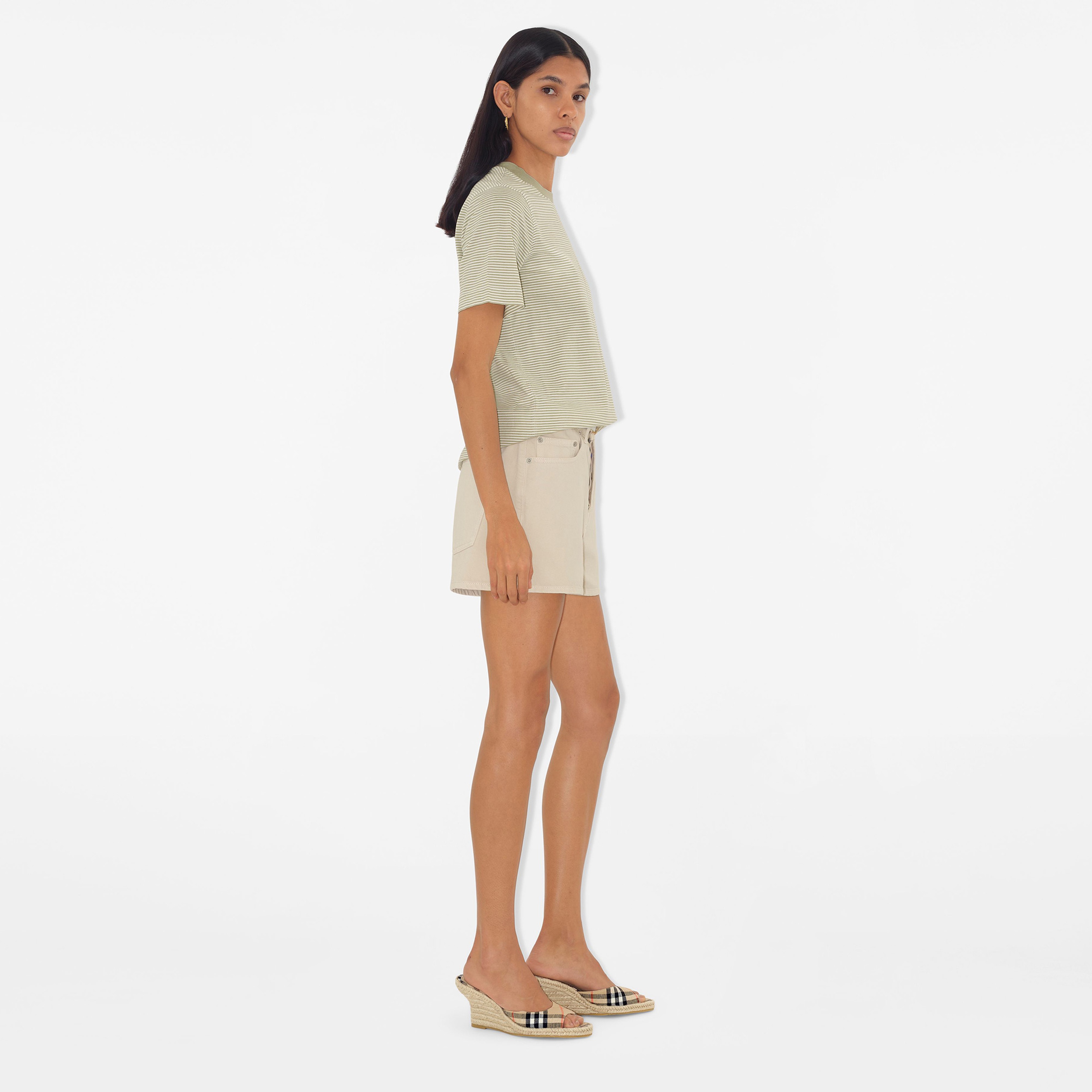 Burberry For Striped Cotton Kadın Haki T-Shirt