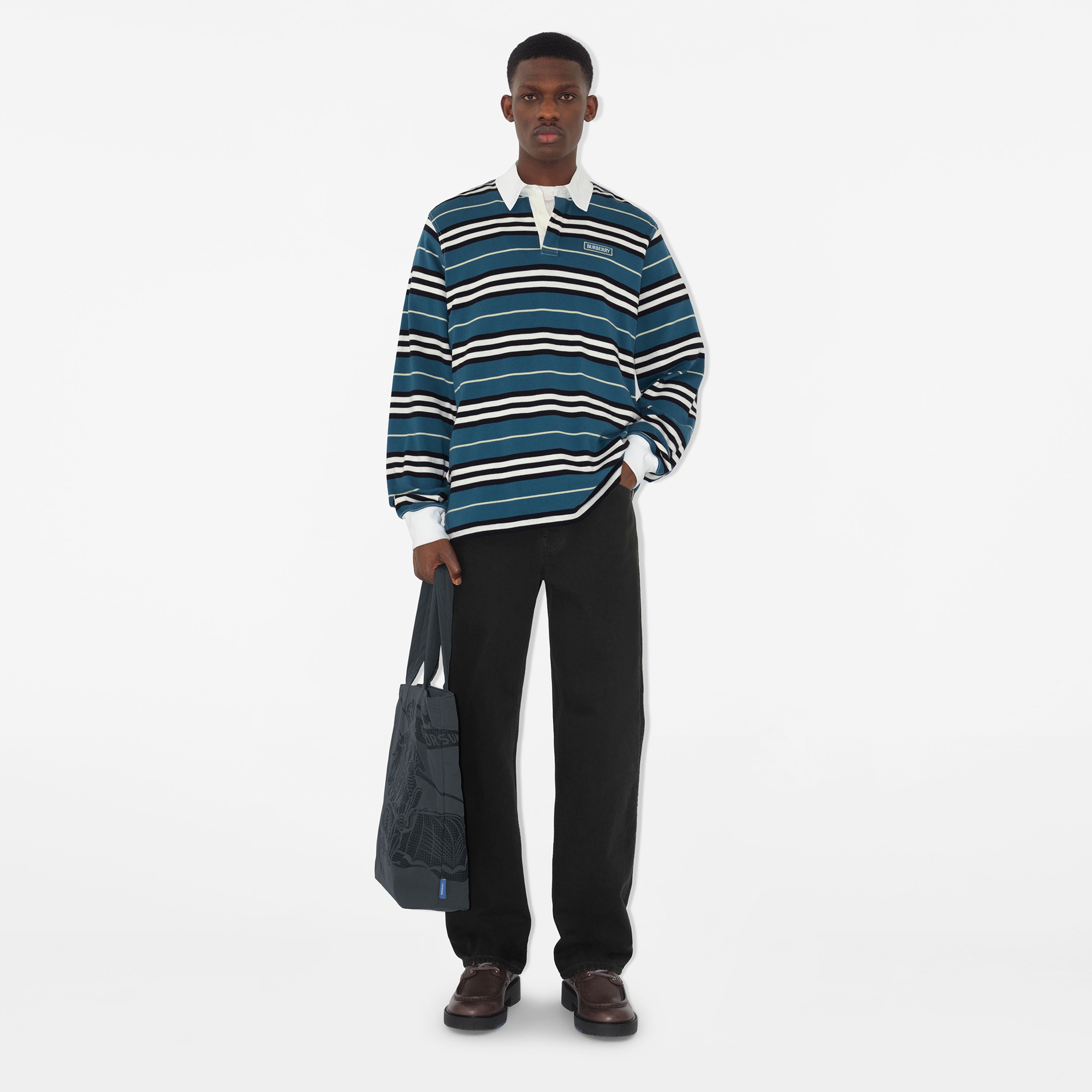 Burberry For Long-Sleeve Striped Cotton Erkek Lacivert Polo