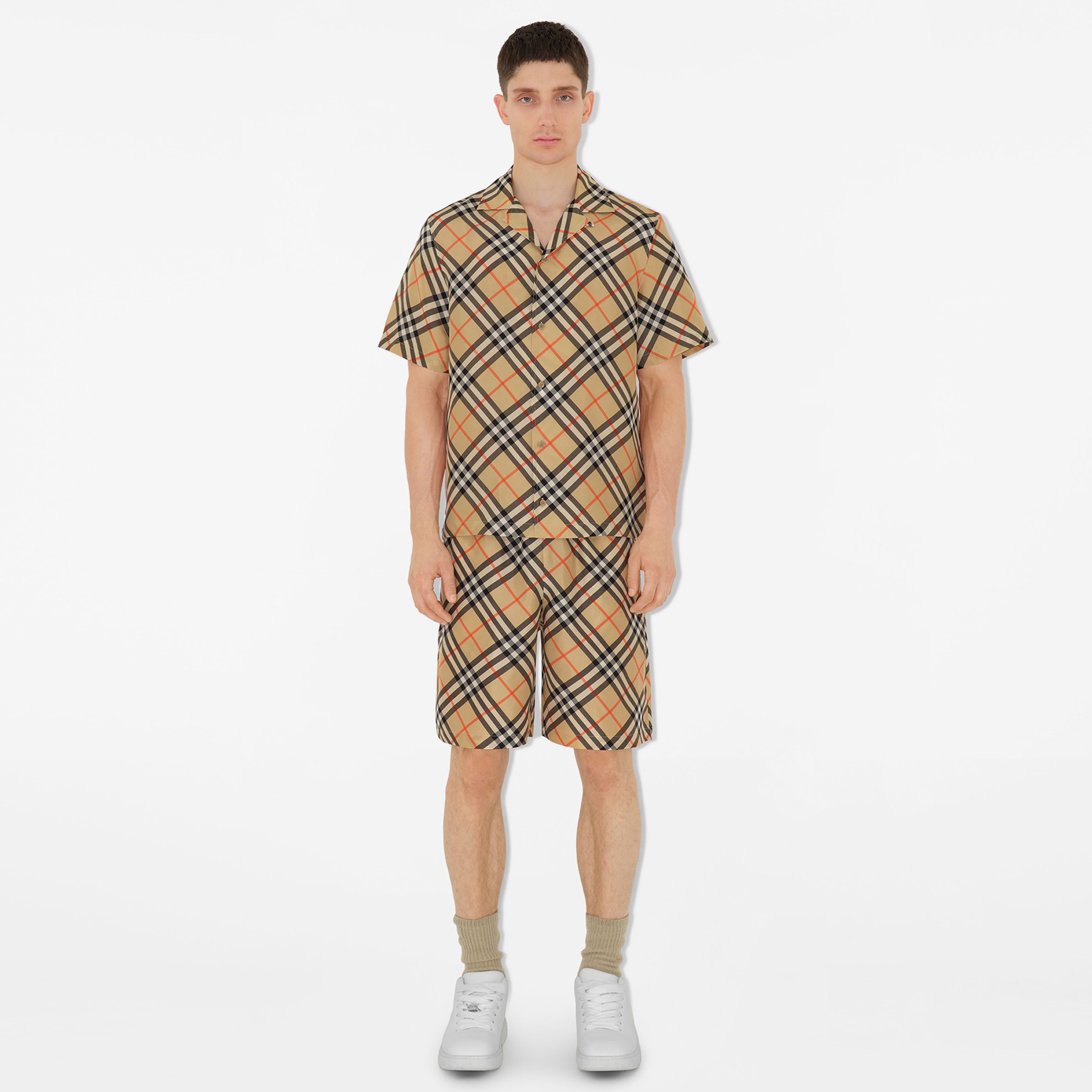 Burberry Oversized Check İpek Erkek Bej Gömlek