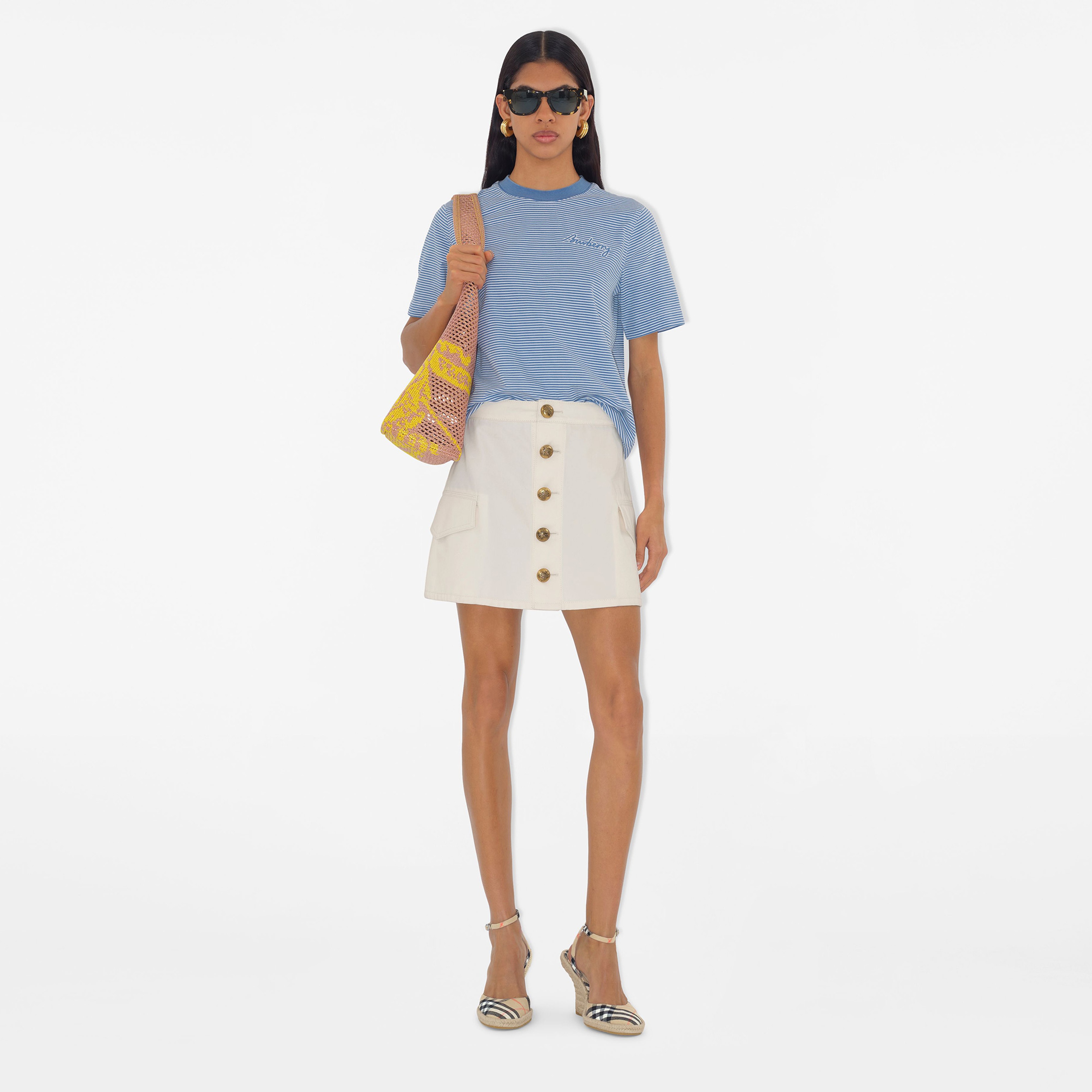 Burberry For Striped Cotton Kadın Mavi T-Shirt