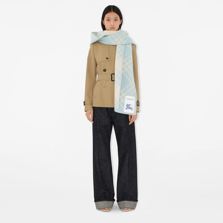 Burberry Tri Bar Wool Hooded Kadın Mavi Atkı