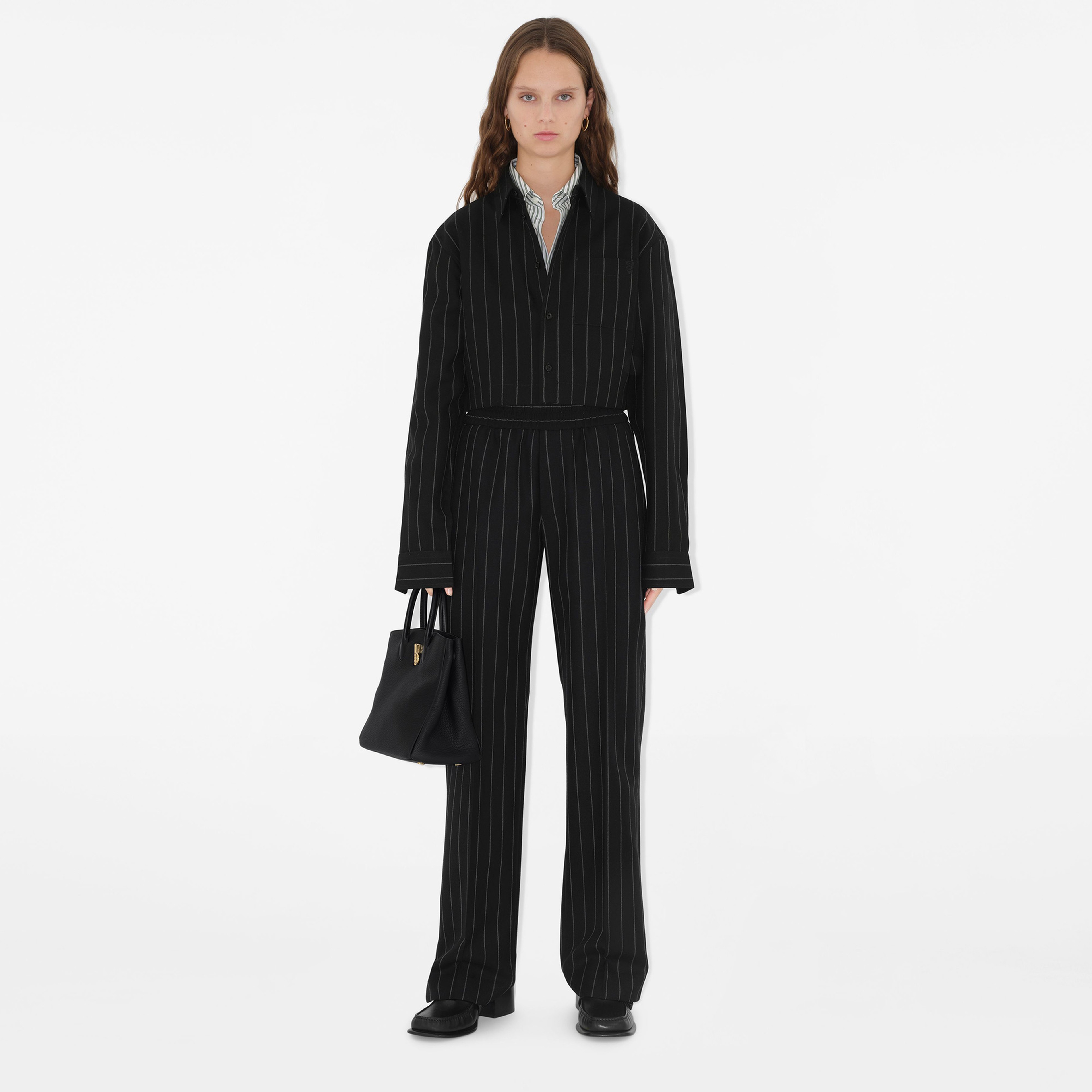 Burberry Tec Cropped Pinstriped Wool Kadın Lacivert Gömlek