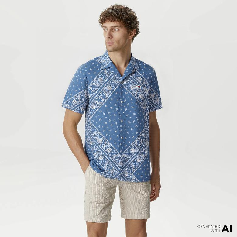 Tommy Jeans Regular Aop Erkek Mavi Gömlek