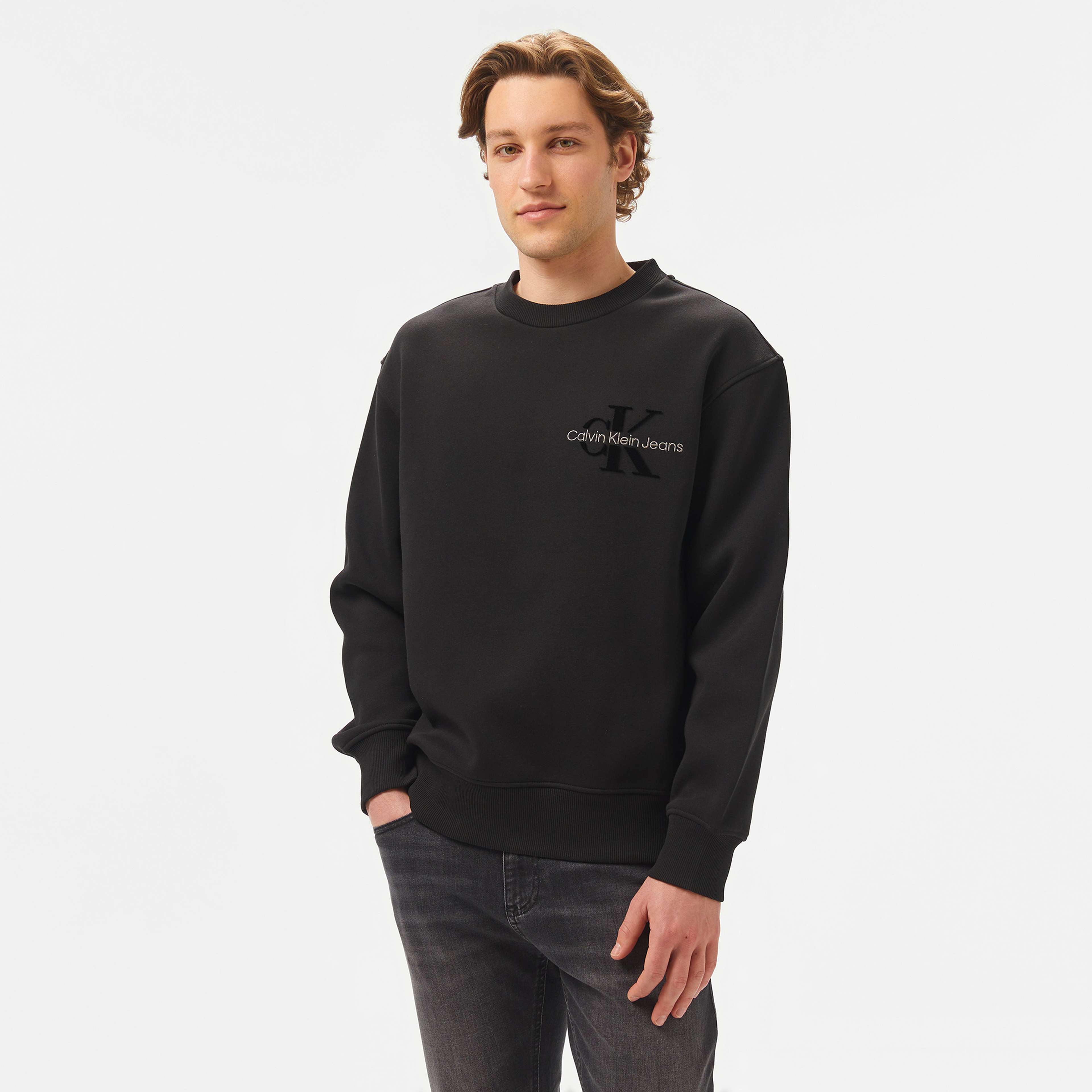 Calvin Klein Bristle Monologo Crew Ne Erkek Siyah Sweatshirt