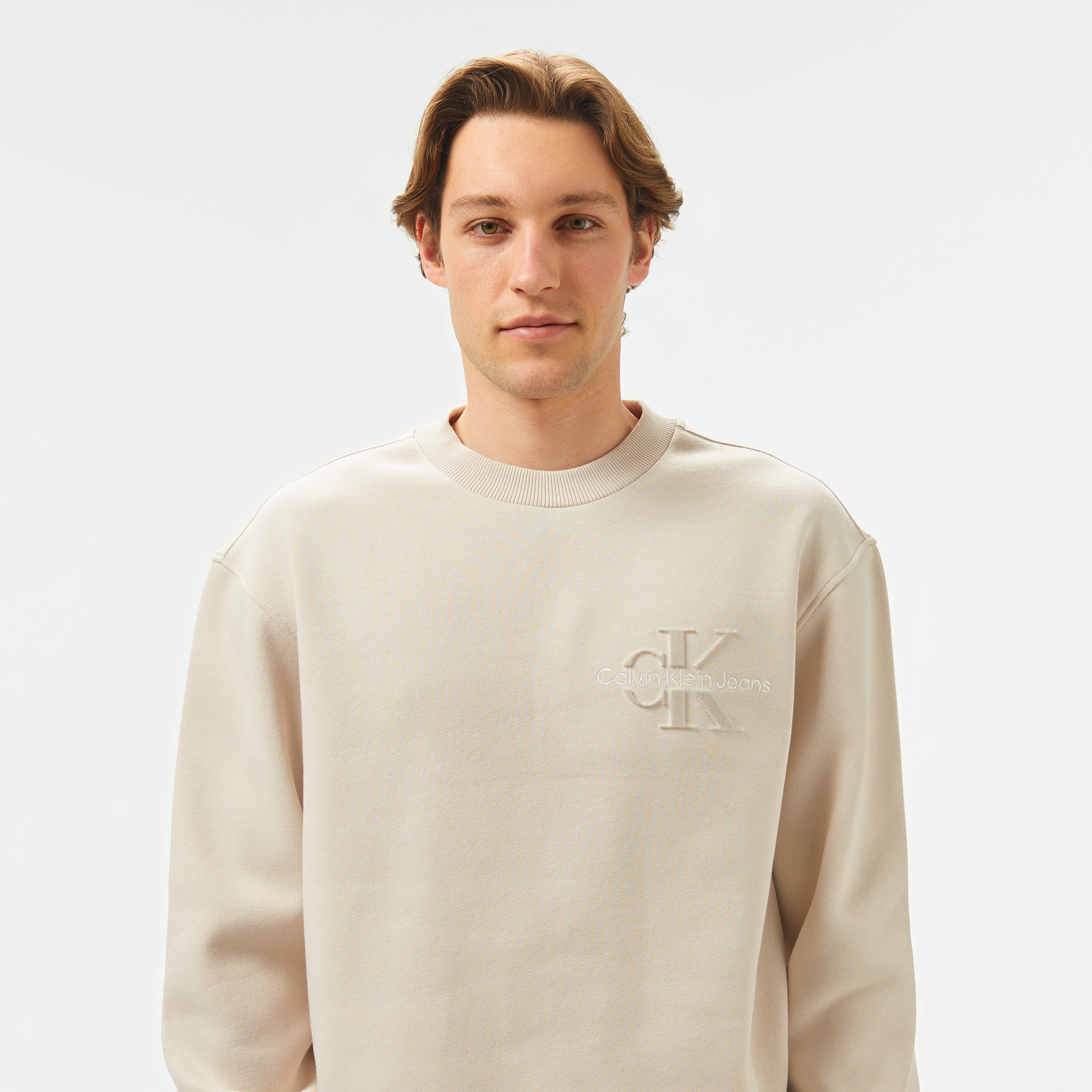 Calvin Klein Bristle Monologo Crew Ne Erkek Bej Sweatshirt
