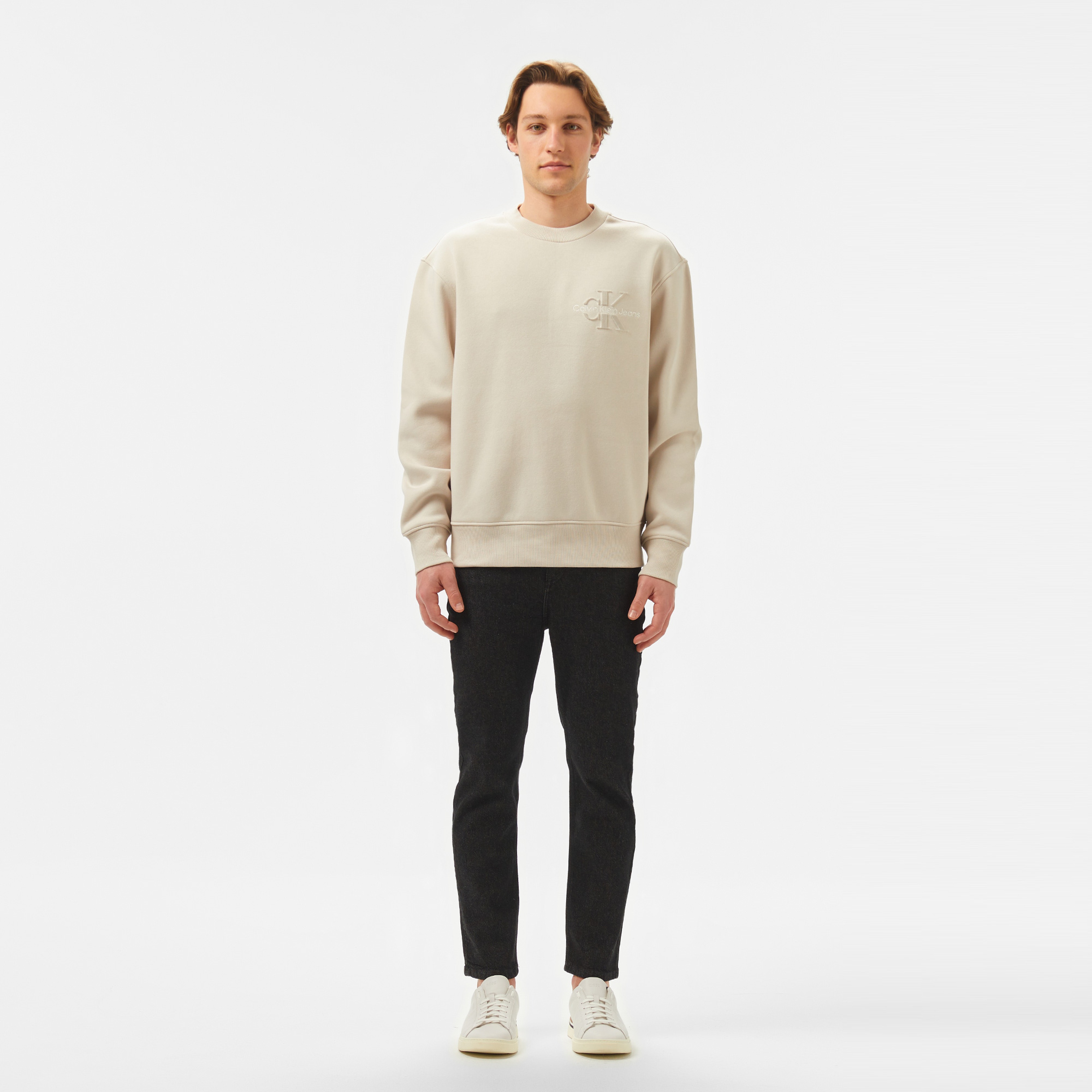 Calvin Klein Bristle Monologo Crew Ne Erkek Bej Sweatshirt