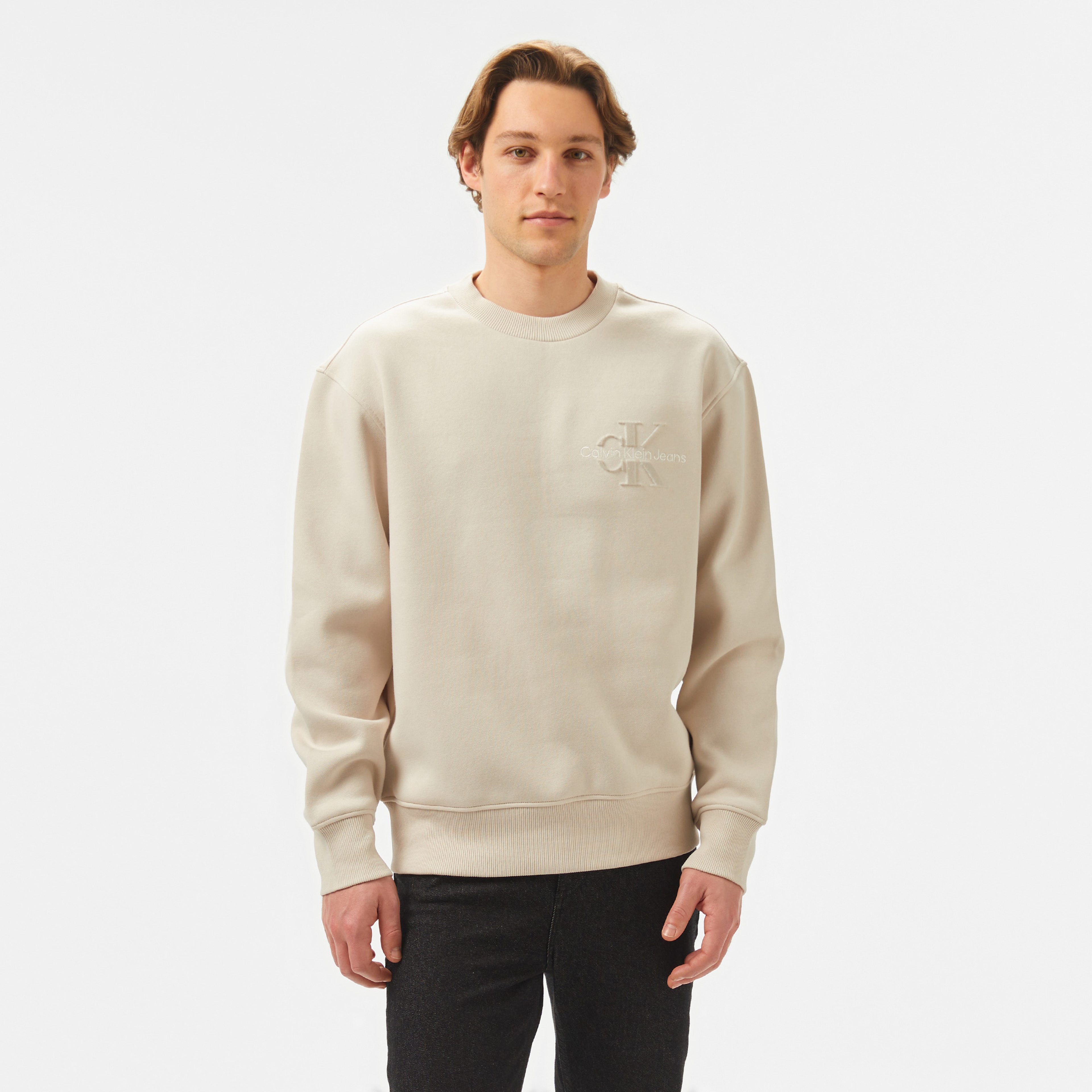 Calvin Klein Bristle Monologo Crew Ne Erkek Bej Sweatshirt