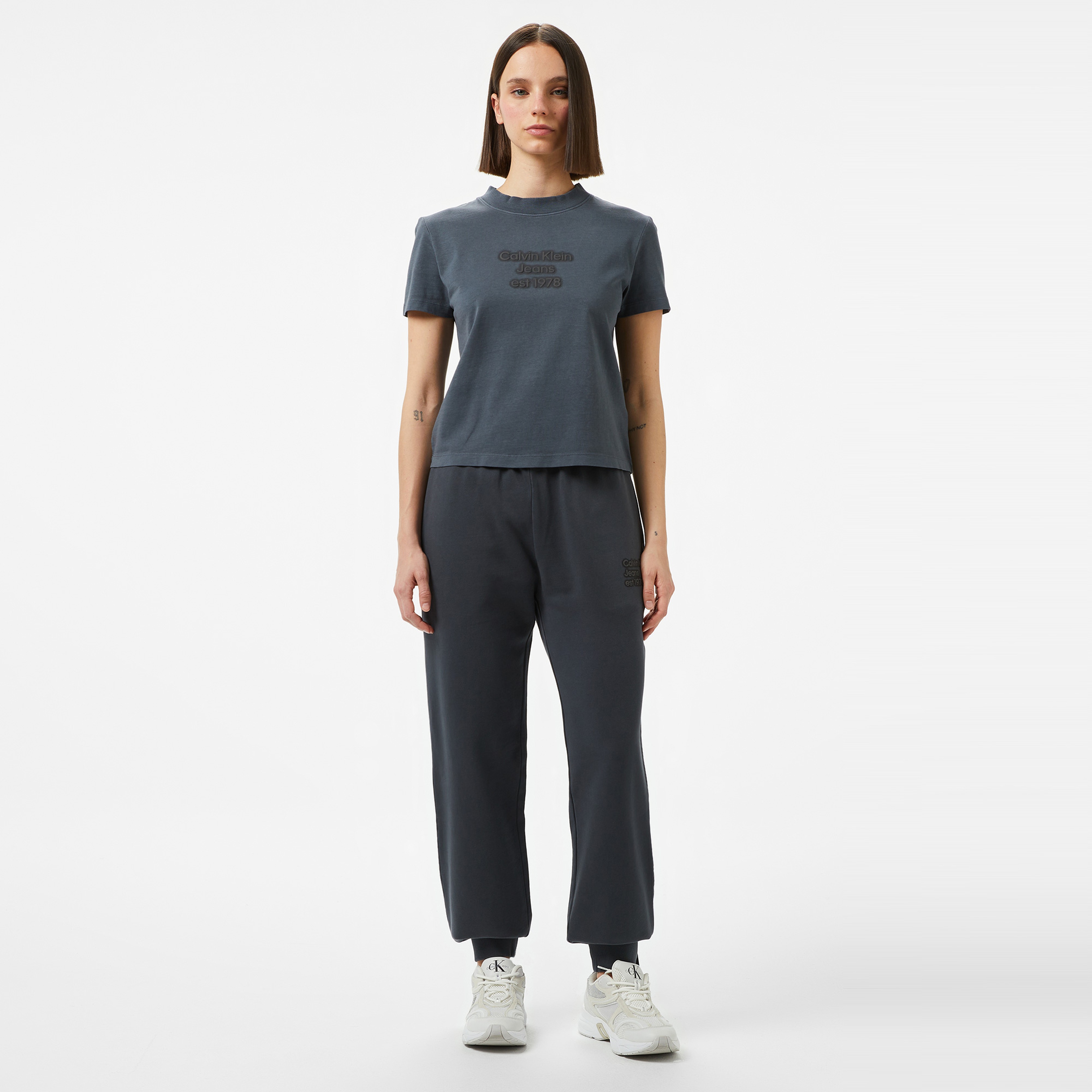 Calvin Klein Washed Puff Print Jog Kadın Gri Eşofman Altı