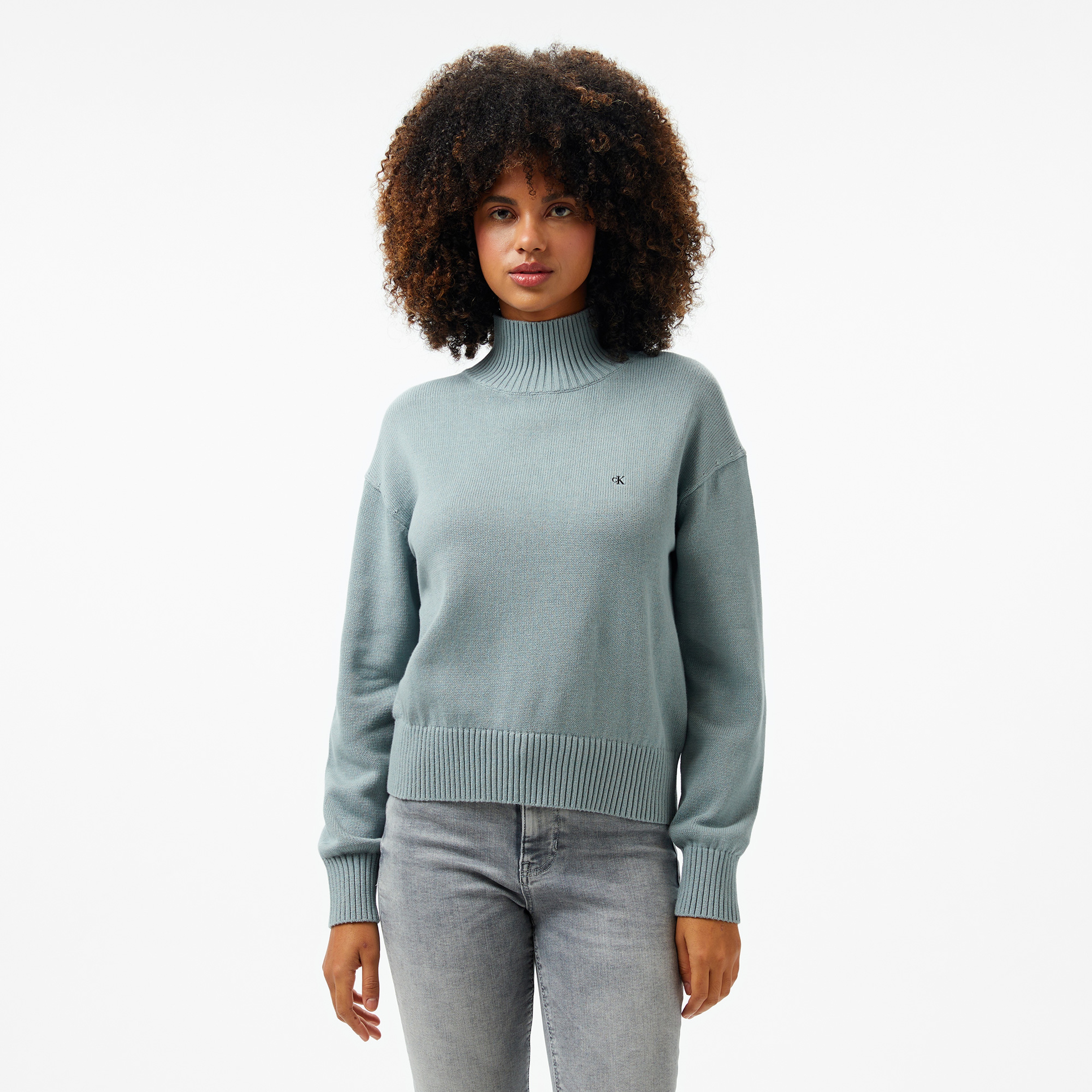 Calvin Klein Monogram Embro High Ne Sweater Kadın Mavi Triko