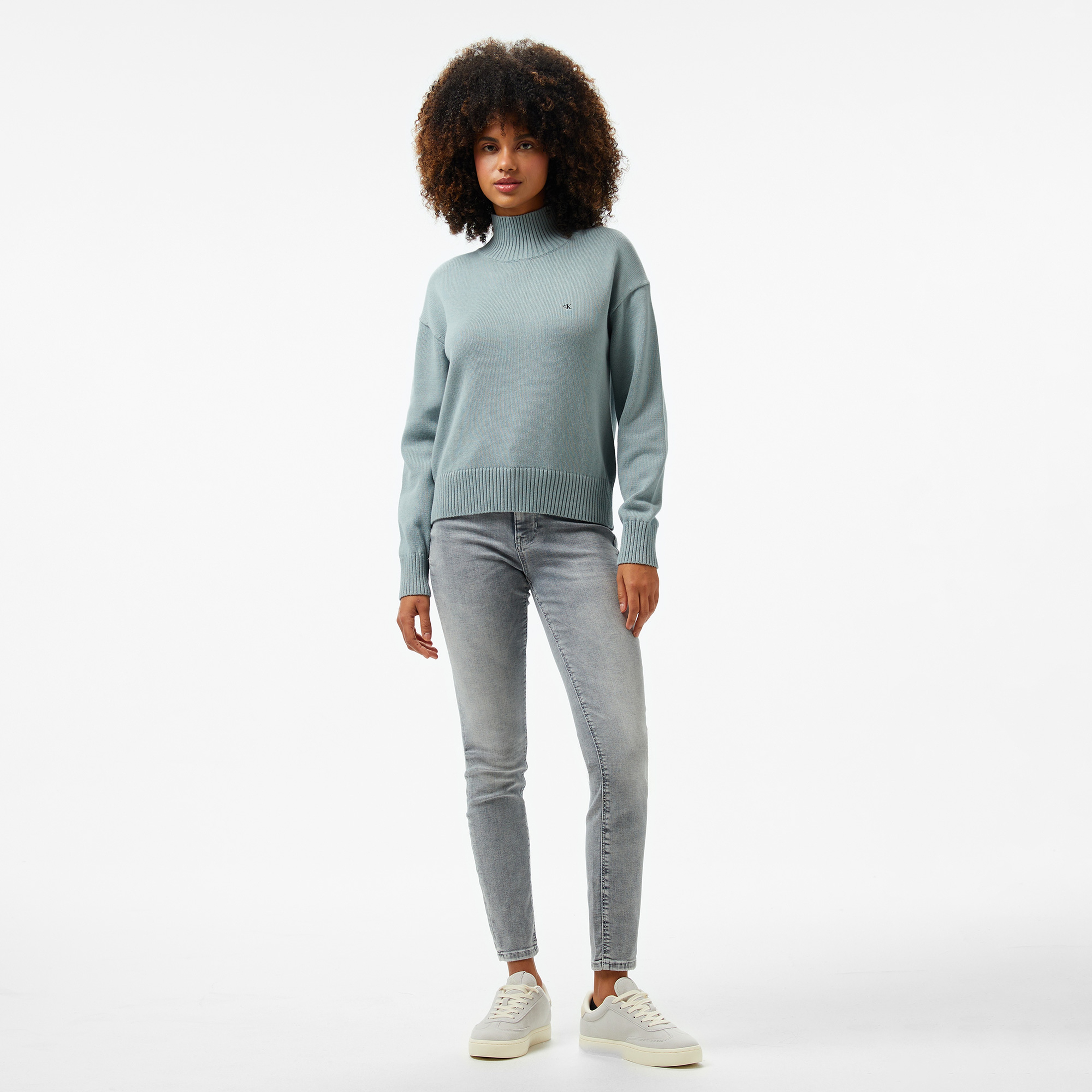Calvin Klein Monogram Embro High Ne Sweater Kadın Mavi Triko