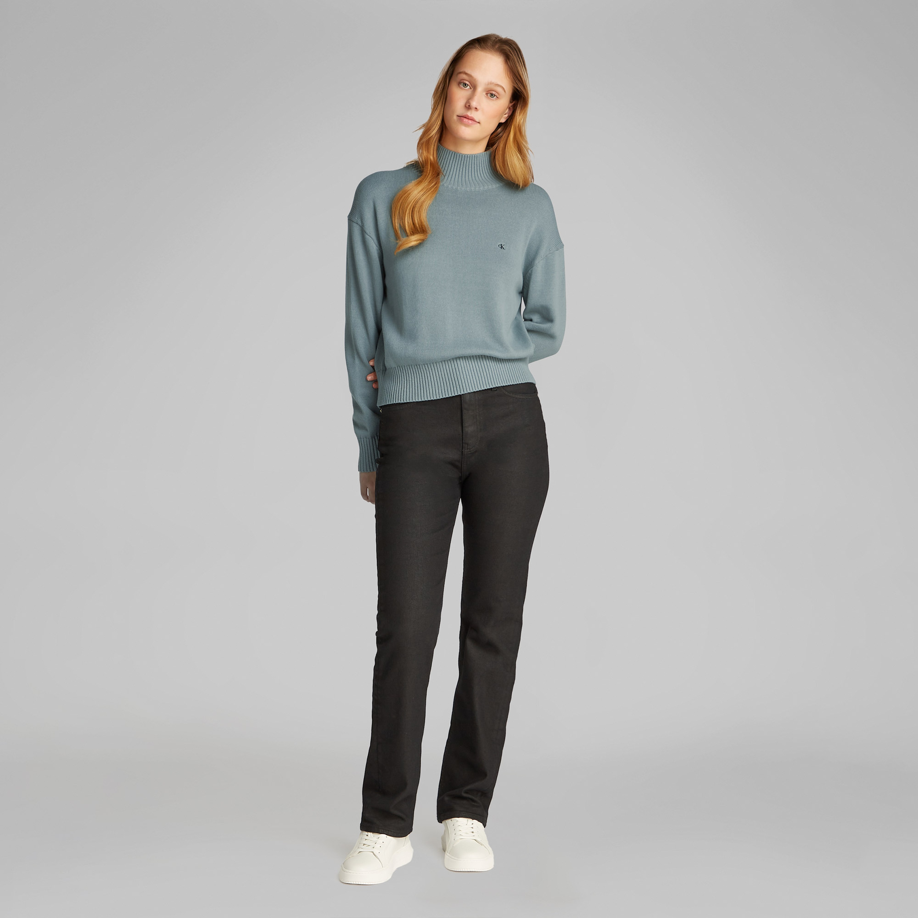 Calvin Klein Monogram Embro High Ne Sweater Kadın Mavi Triko