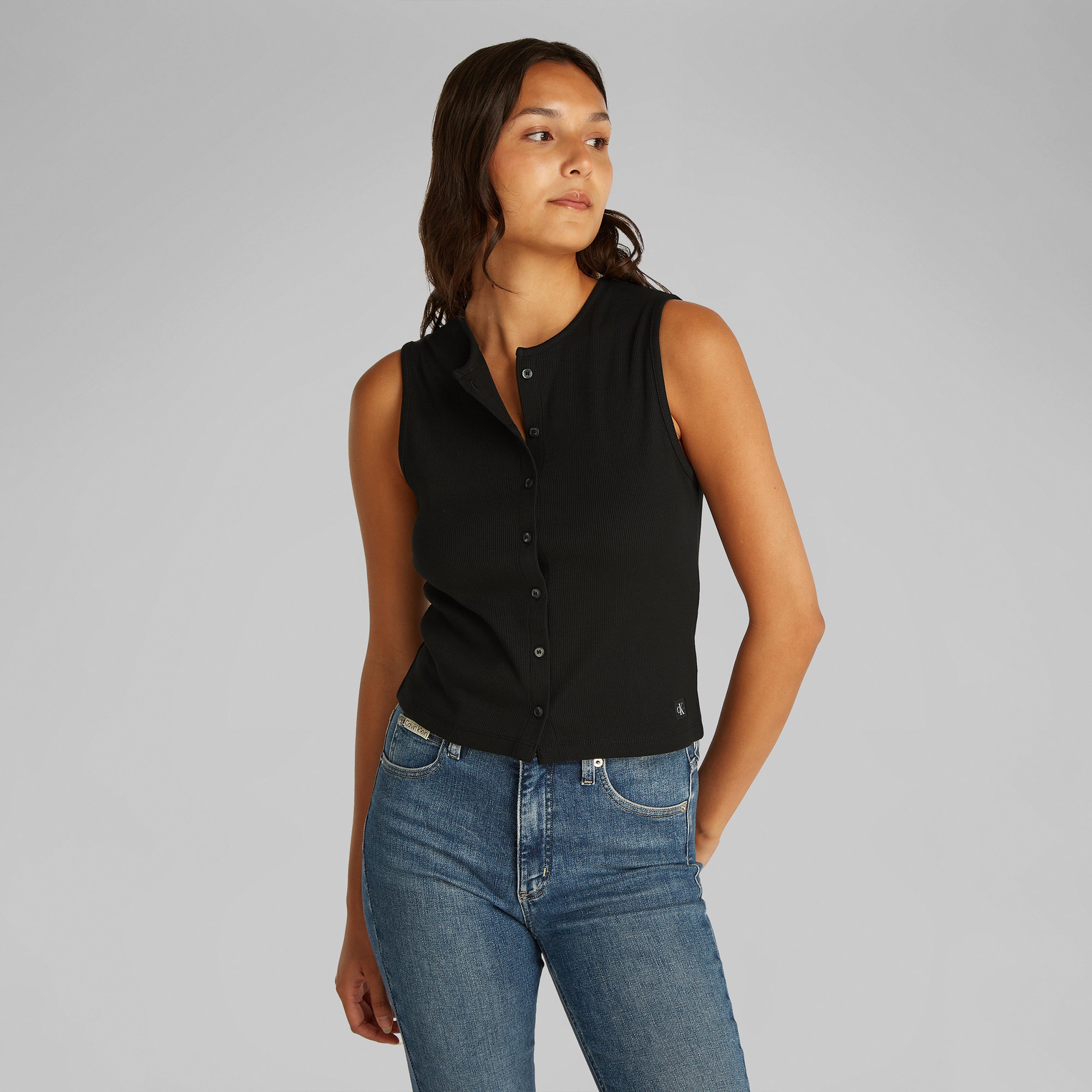 Calvin Klein Woven Label Rib Cardigan Kadın Siyah Hirka