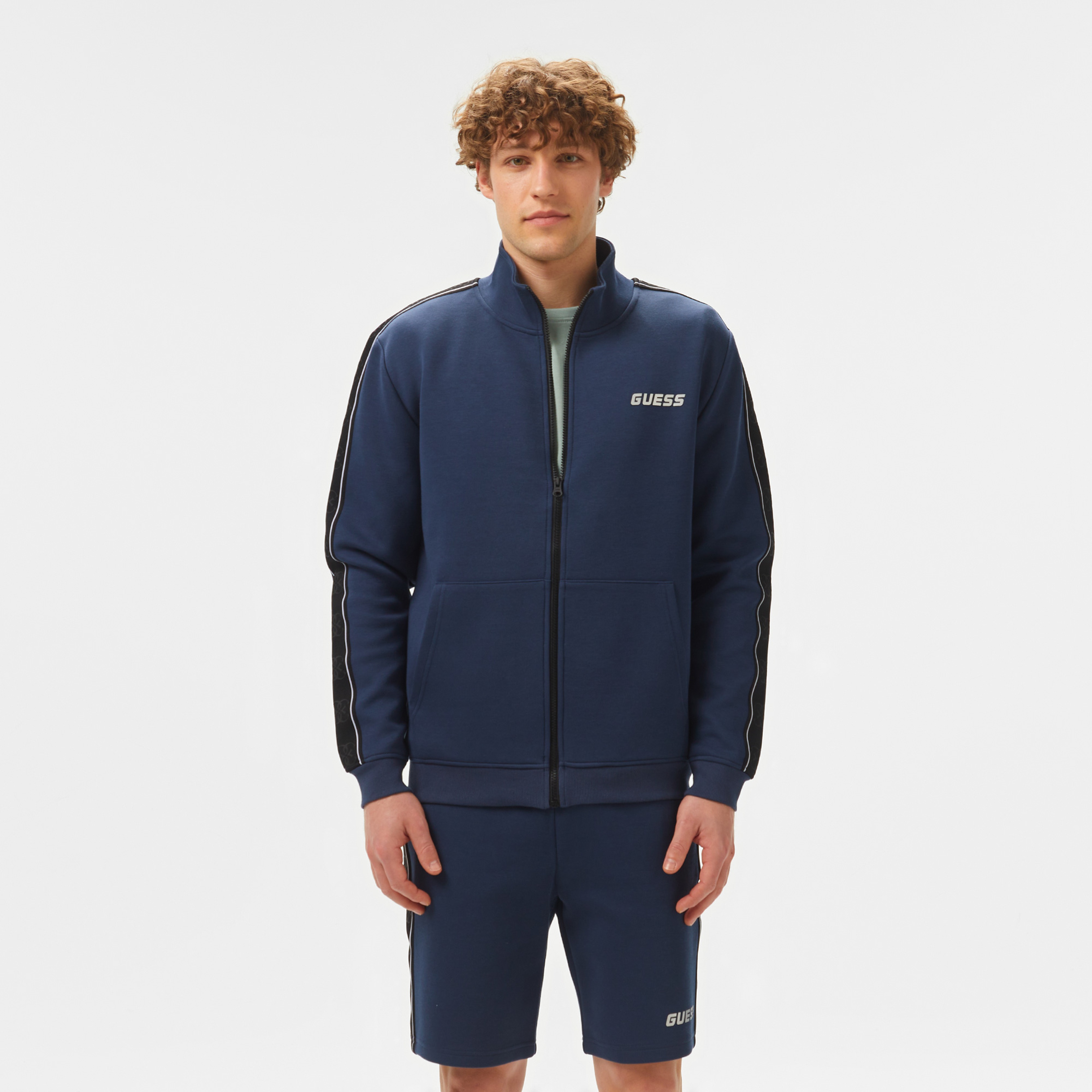 Guess Mickey Full Zip Recycled Punto Milano 300 Erkek Mavi Sweatshirt