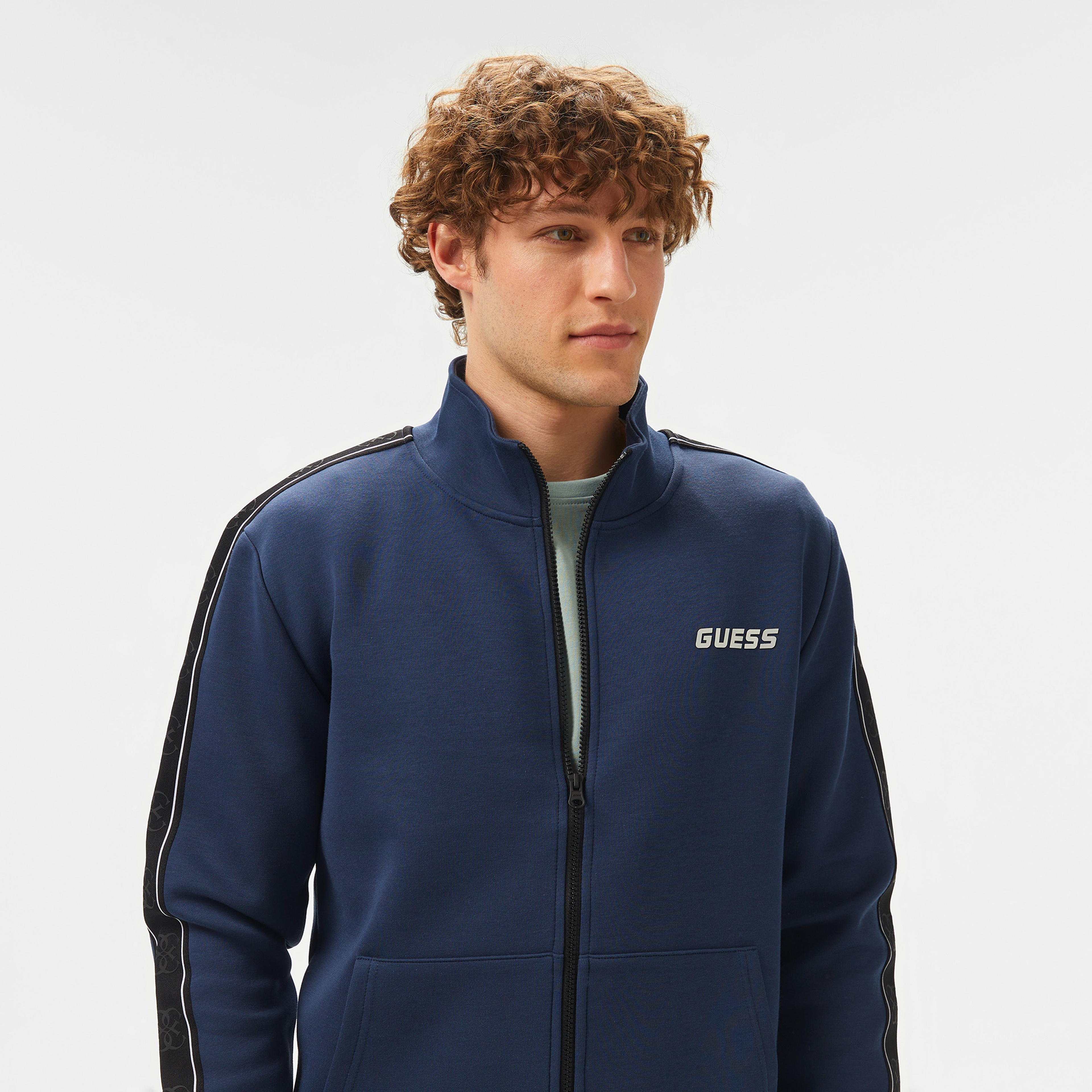 Guess Mickey Full Zip Recycled Punto Milano 300 Erkek Mavi Sweatshirt