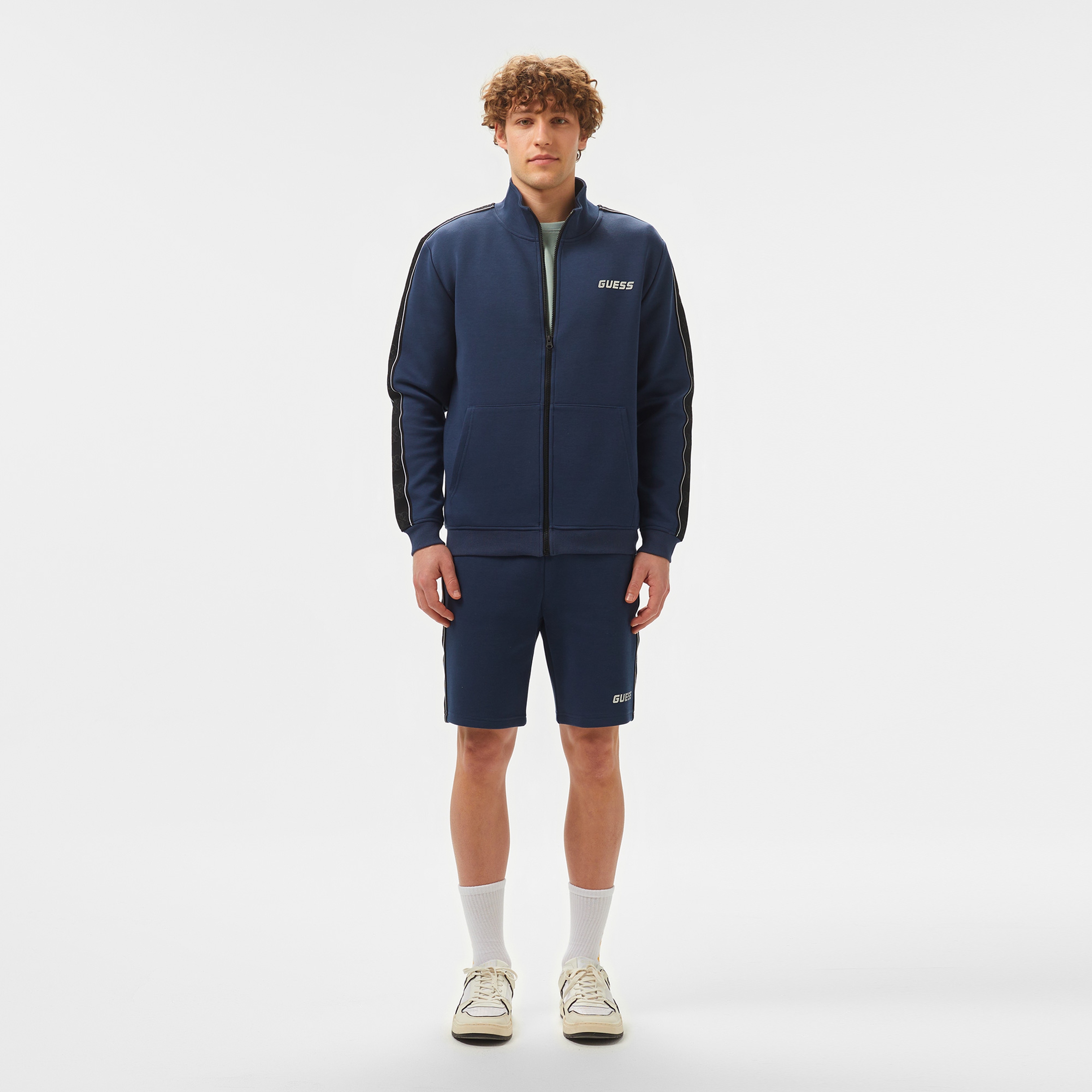 Guess Mickey Full Zip Recycled Punto Milano 300 Erkek Mavi Sweatshirt