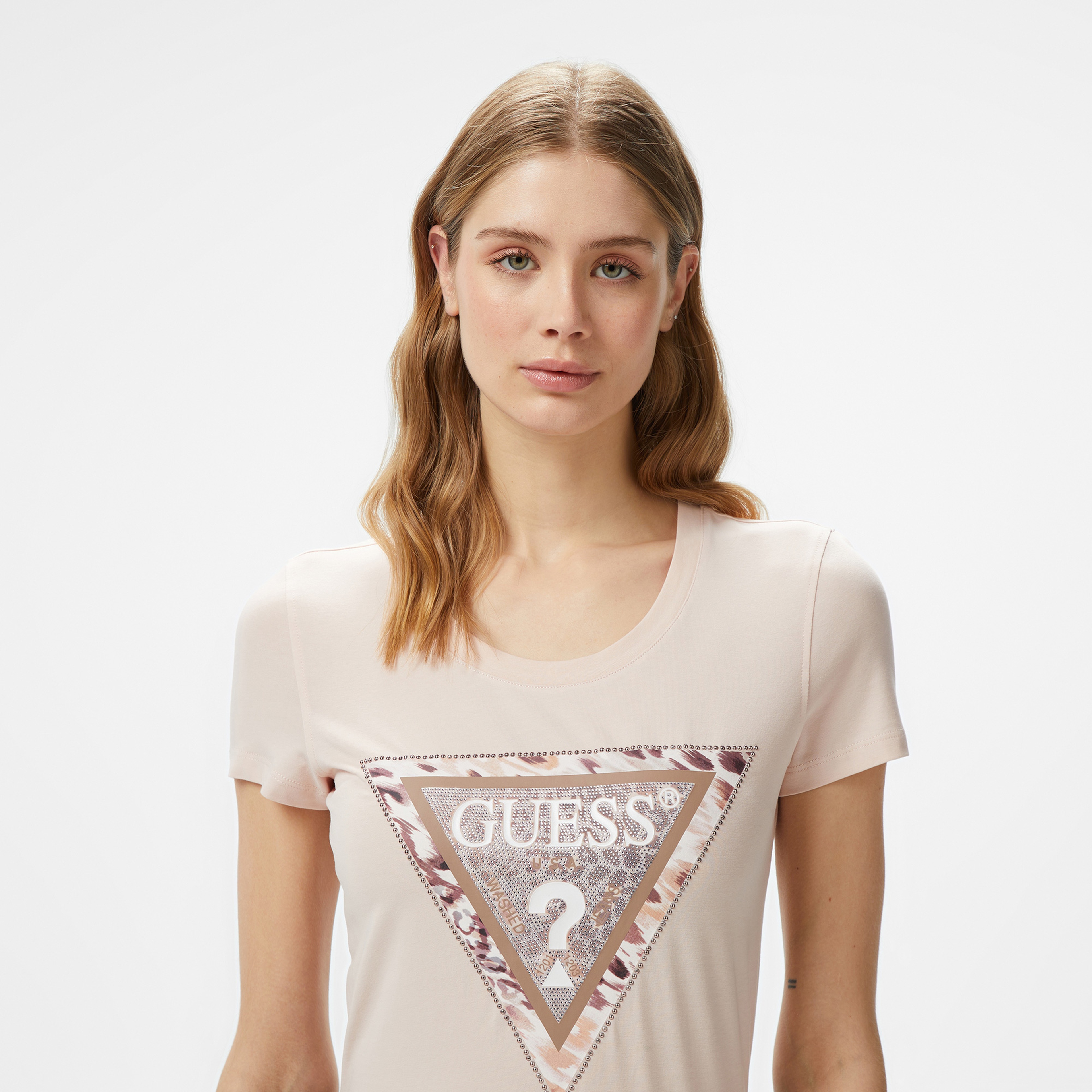 Guess Cn Cheeta Logo Mid Organicetch 180 Kadın Pembe T-Shirt