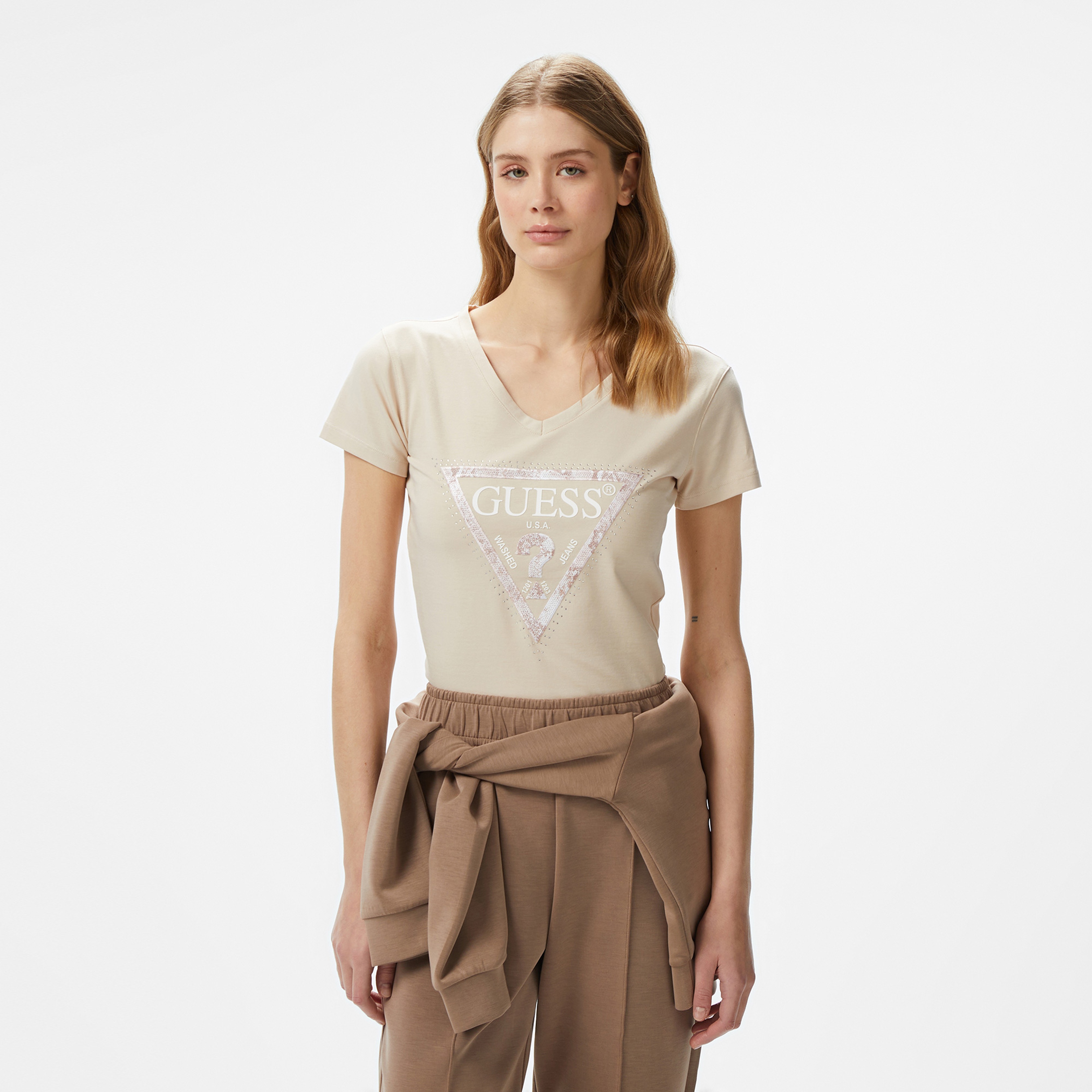 Guess Vn Python Triangl Mid Organicetch 180 Kadın Bej T-Shirt