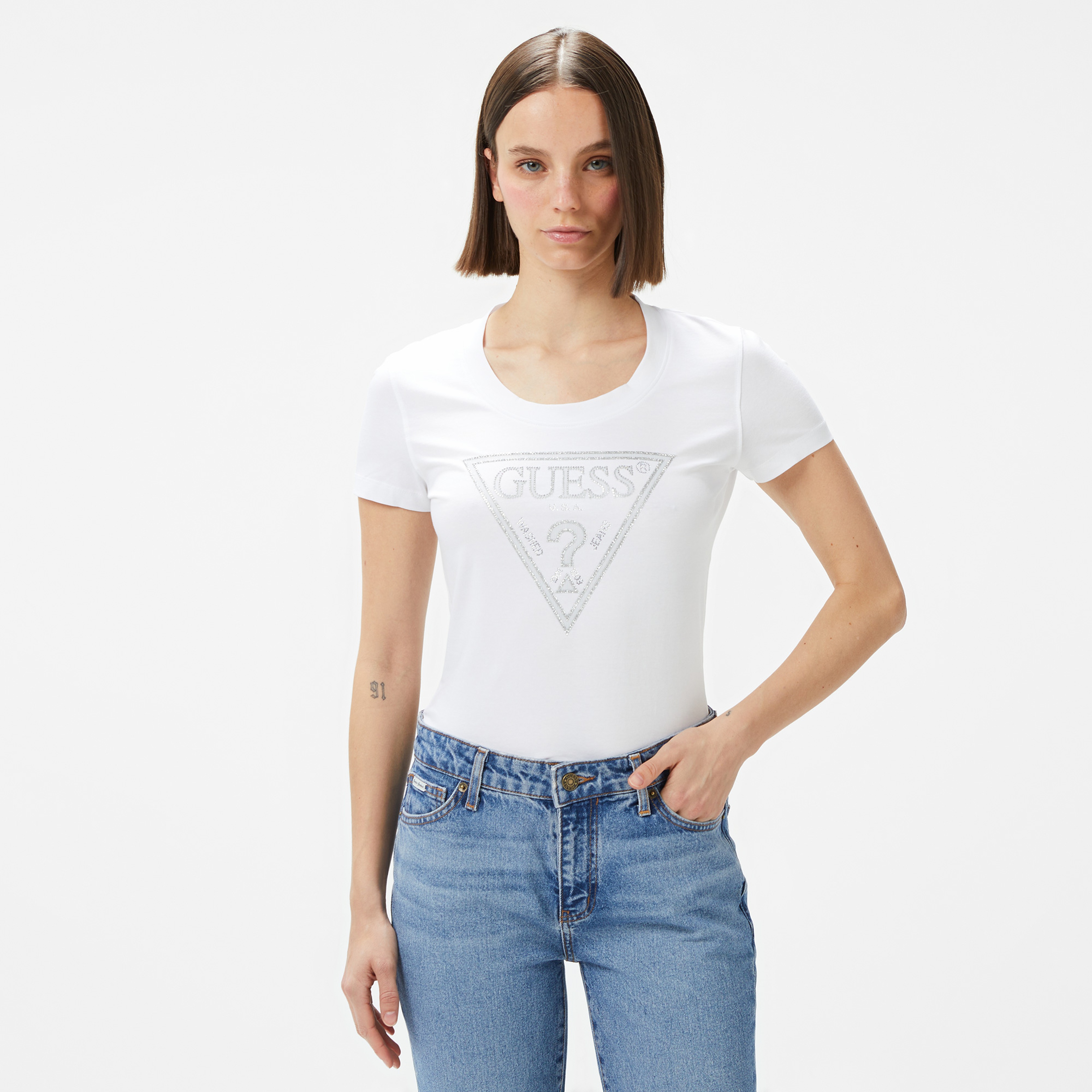 Guess Shiny Triangle Mid Organic Stretch 180 Kadın Beyaz T-Shirt